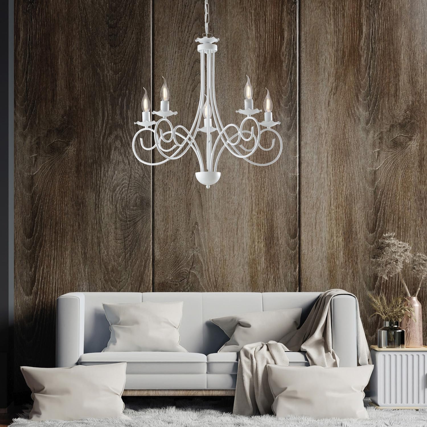 BeLight Lampadario Provenzale Candelabro 5 Luci Ferro Battuto Bianco Shabby