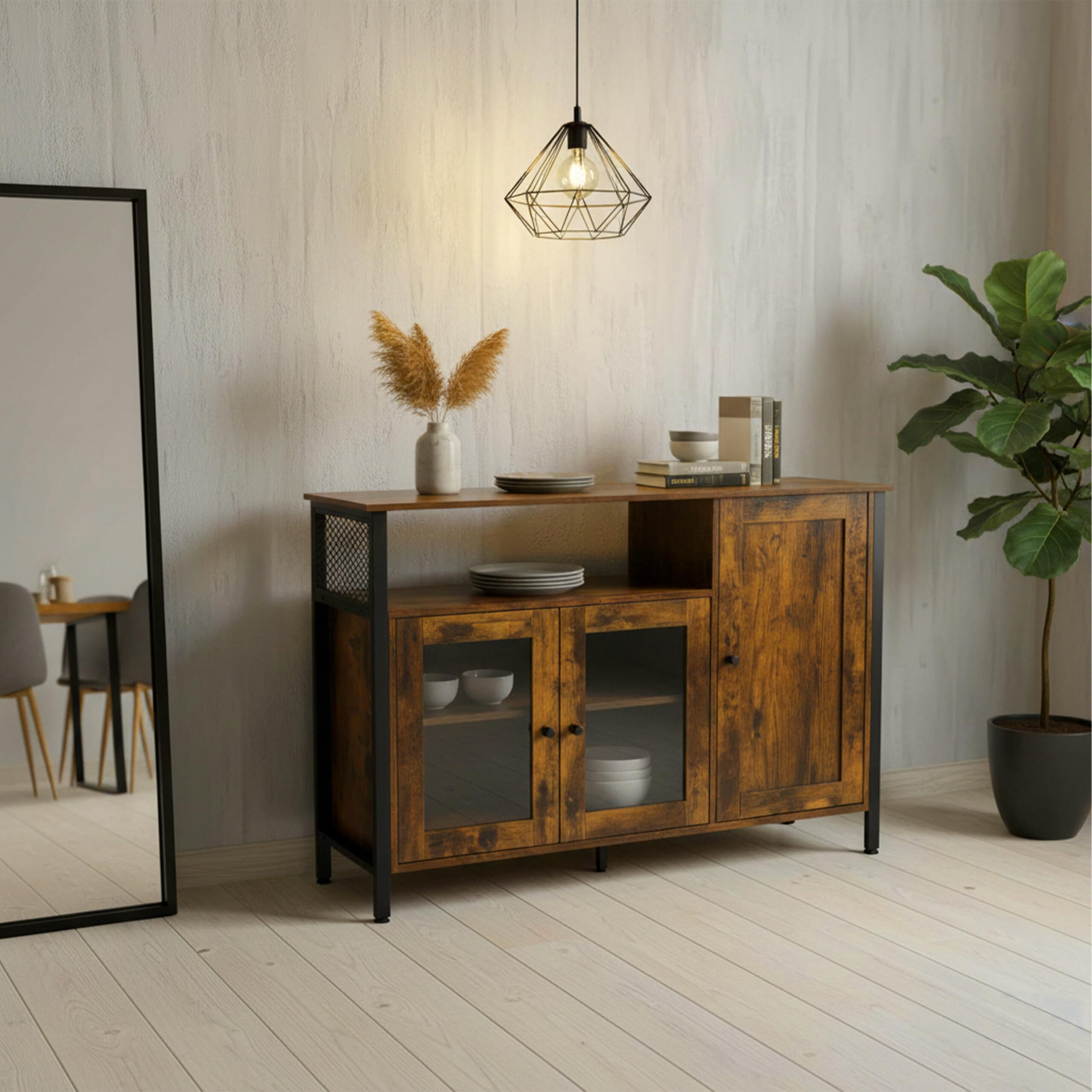 Relaxdays Armadio da Cucina con Ante in Vetro, HLP: 75 x 110 x 33 cm, credenza, Stile Industriale