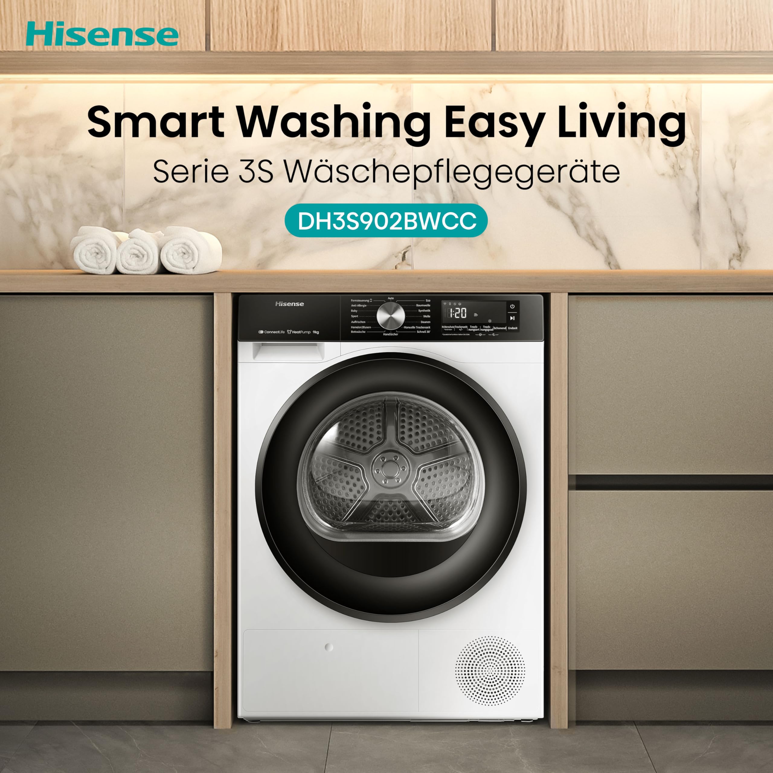 Hisense DH3S902BWCC Kondenstrockner mit Wärmepumpe / 9KG / 16 Programme/ConnectLife/Autodry/QuickDry/Allergie-Pflege/Auffrischen/TwinAir/DelayEnd/Feuchtesensor/EEK: C/Weiß