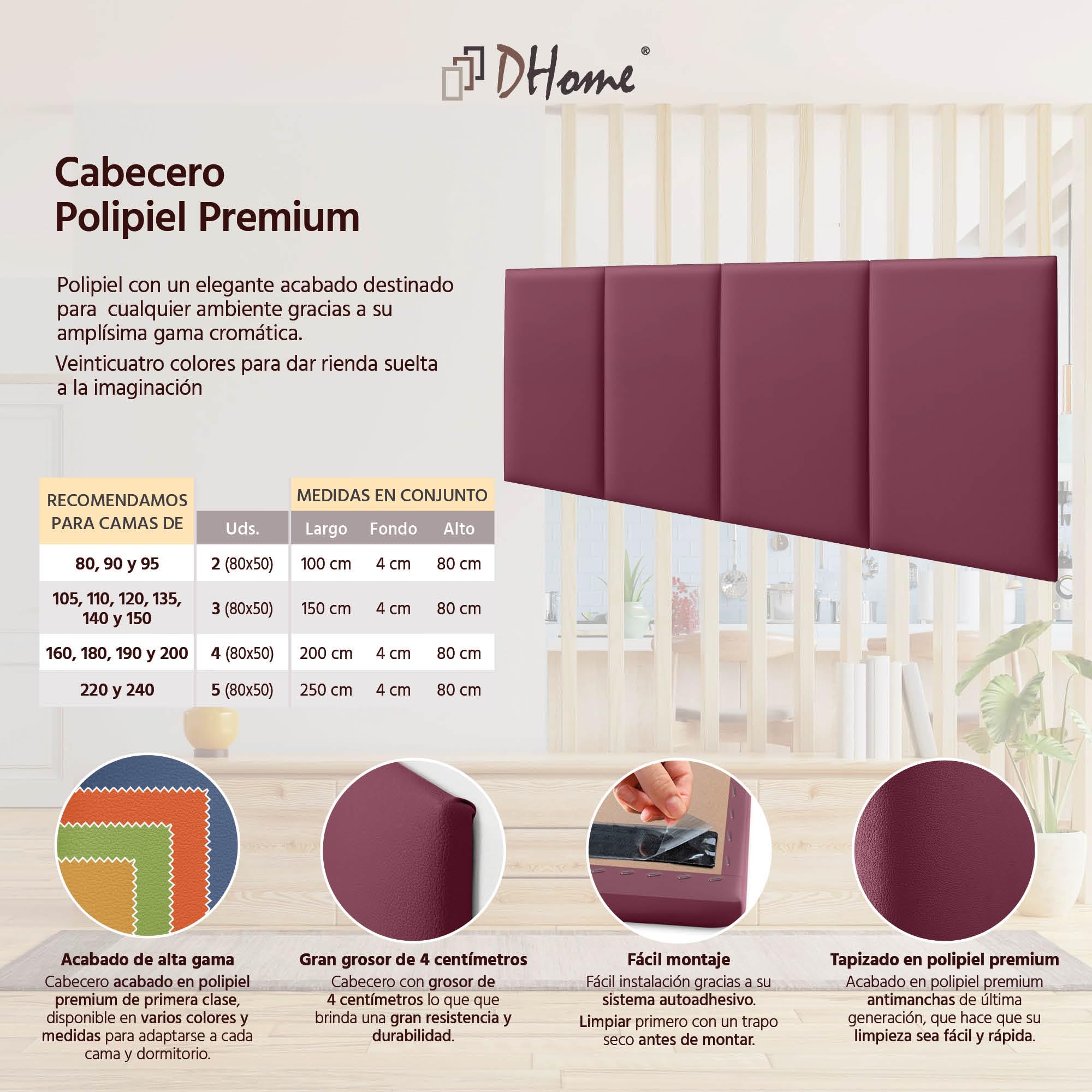 DHOME Testiera Imbottita in Similpelle Premium Antimacchia Design Modulare Verticale Autoadesiva Testata Letto Camera da Letto Imbottita (Vino Rosso, 160cm, Altezza 80cm, x4)