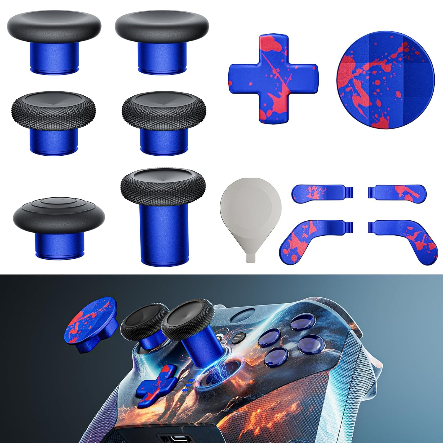 14-in-1 Controller Accessories Kit Compatible with Xbox Elite Series 2, 6 Premium Metal Thumbsticks, 4 Splatter-Design Paddles, 2 D-Pads, 1 Tool & 1 Storage Bag (Blue with Volcanic Red Splatter)