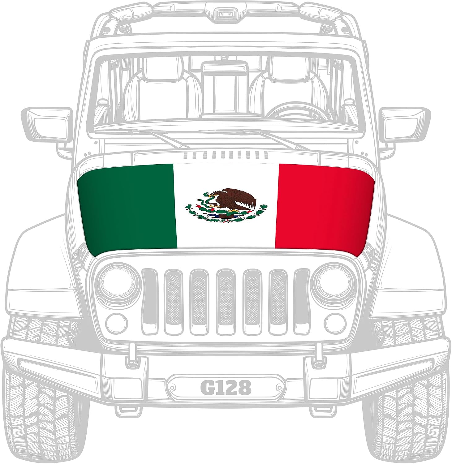 G128 Mexico Mexican Car Hood Cover | 3.94x5.25 Ft | Washable Elastic Weatherproof Polyester | Two Triangle Fasteners Included | Beautiful Hood Decoration for Festival
