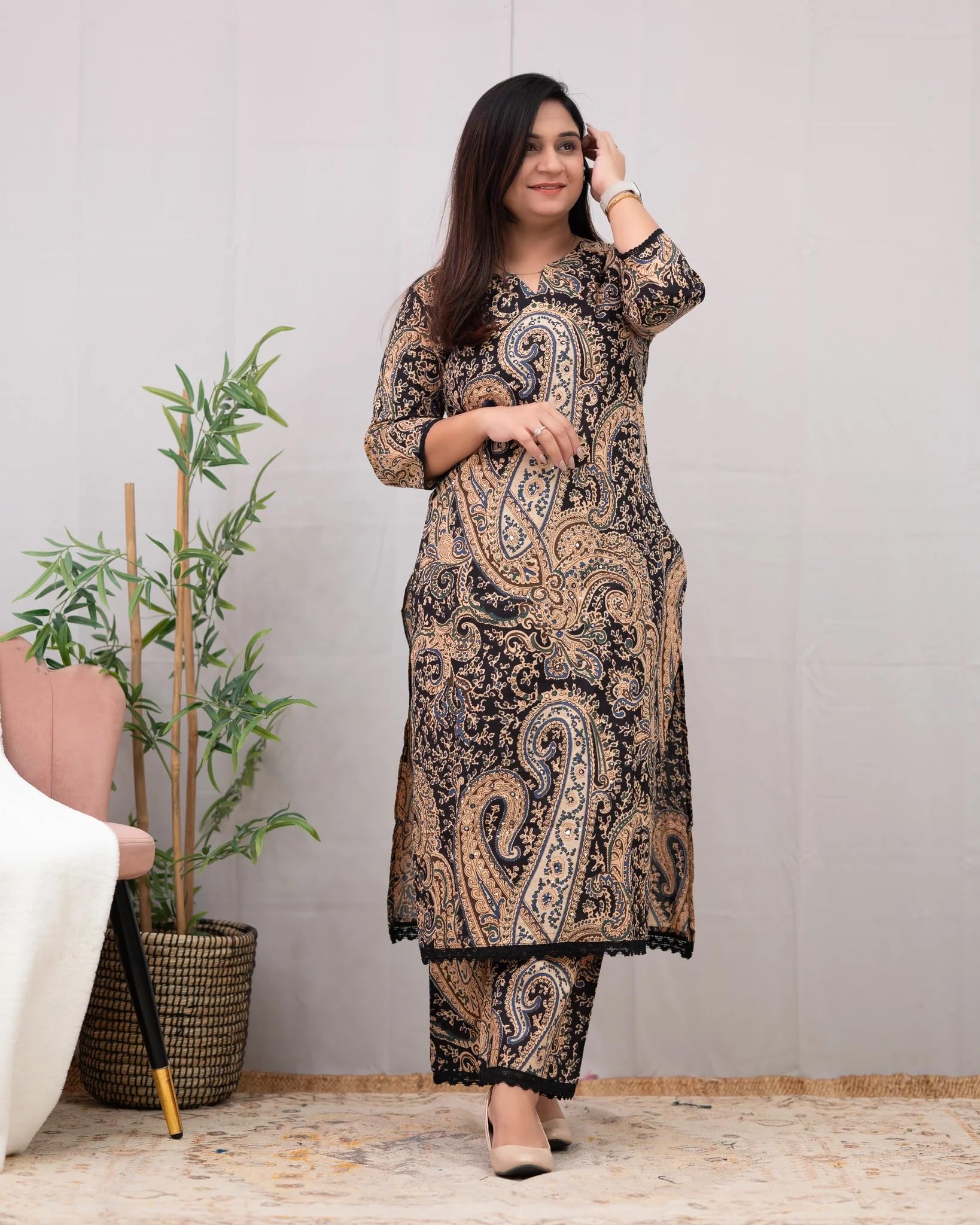 Nermosa Kalamkari Printed Straight Kurta Set for Women | Printed | Office Wear | (in, Alpha, L, Black) 3