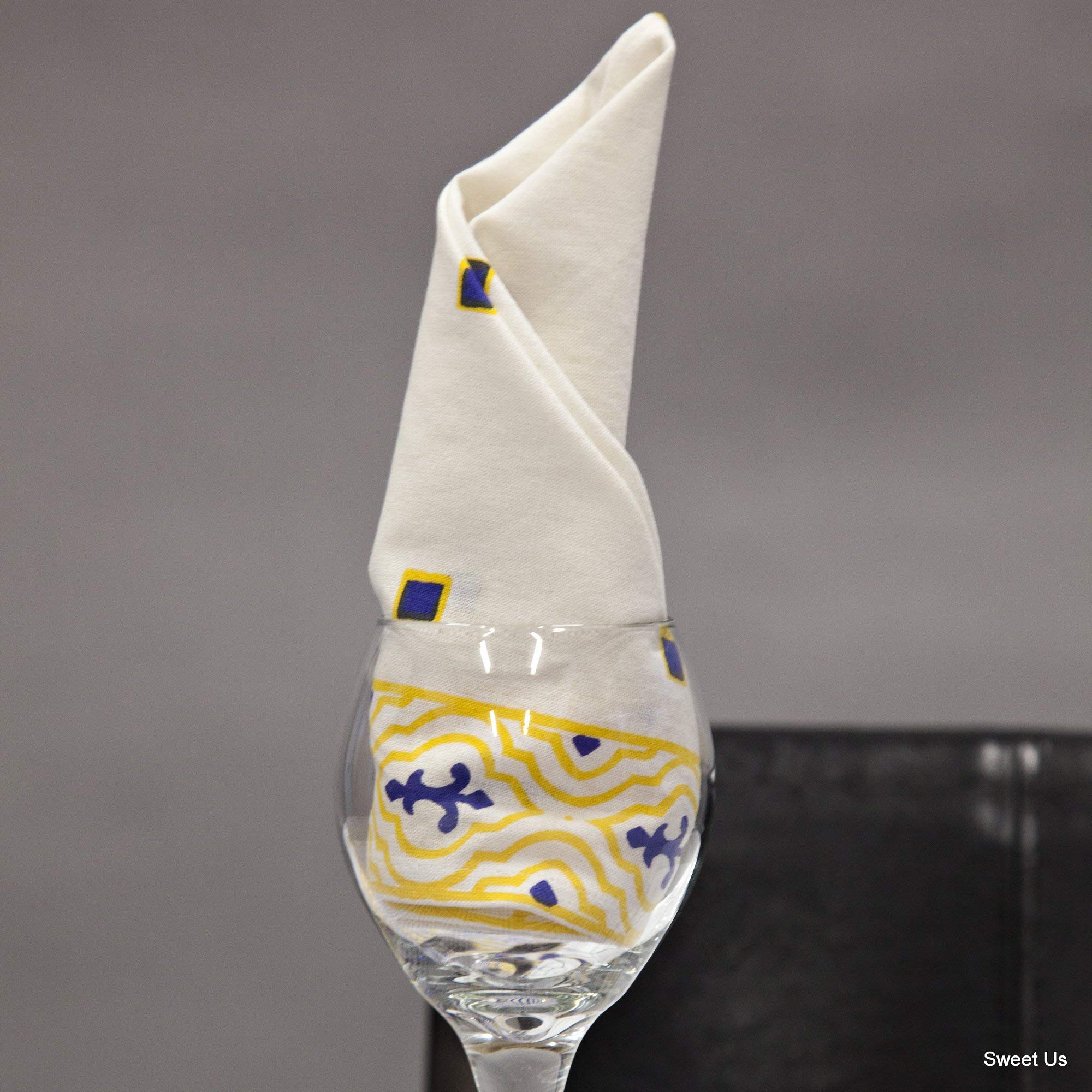 French Country Geometric Floral Print Napkin Square Cotton Table Linen Beach Sheet Beach Throw (Yellow Blue, Napkin 18 x 18 inches)