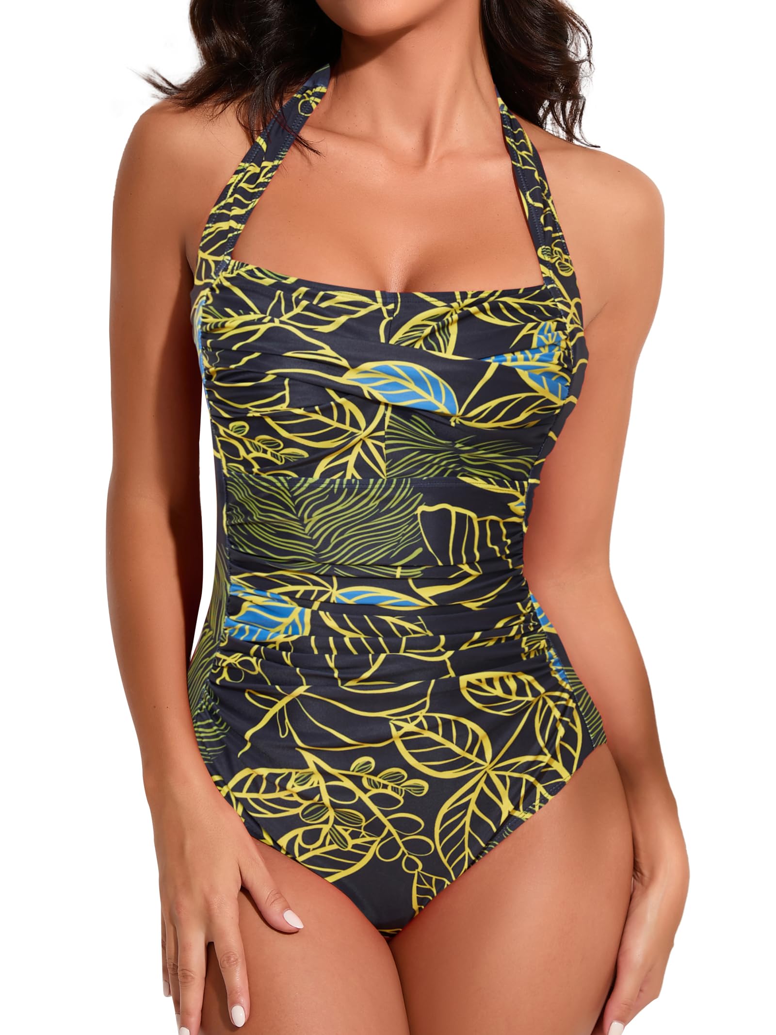 Smismivo Tummy Control Swimwear Halter One Piece Slimming Vintage Retro Swimsuit Womens Ruched Push Up Bathing Suit — view 41