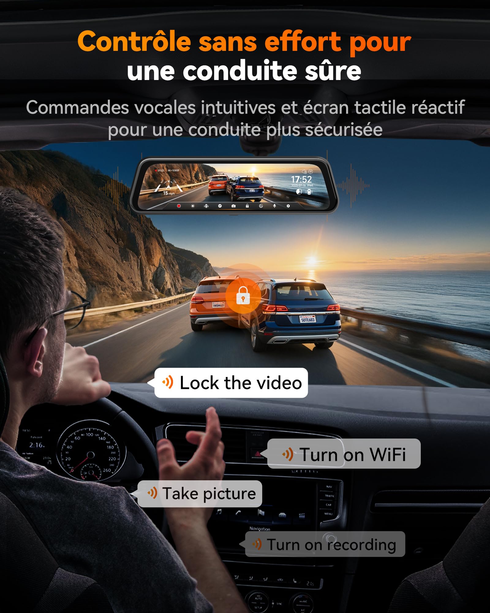 WOLFBOX M40 Rétroviseur de caméra arrière 10" 4K + 1080P pour caméra embarquée avant et arrière avec caméra ADAS/BSD, contrôle vocal, Wi-Fi intégré, carte 64 Go et GPS