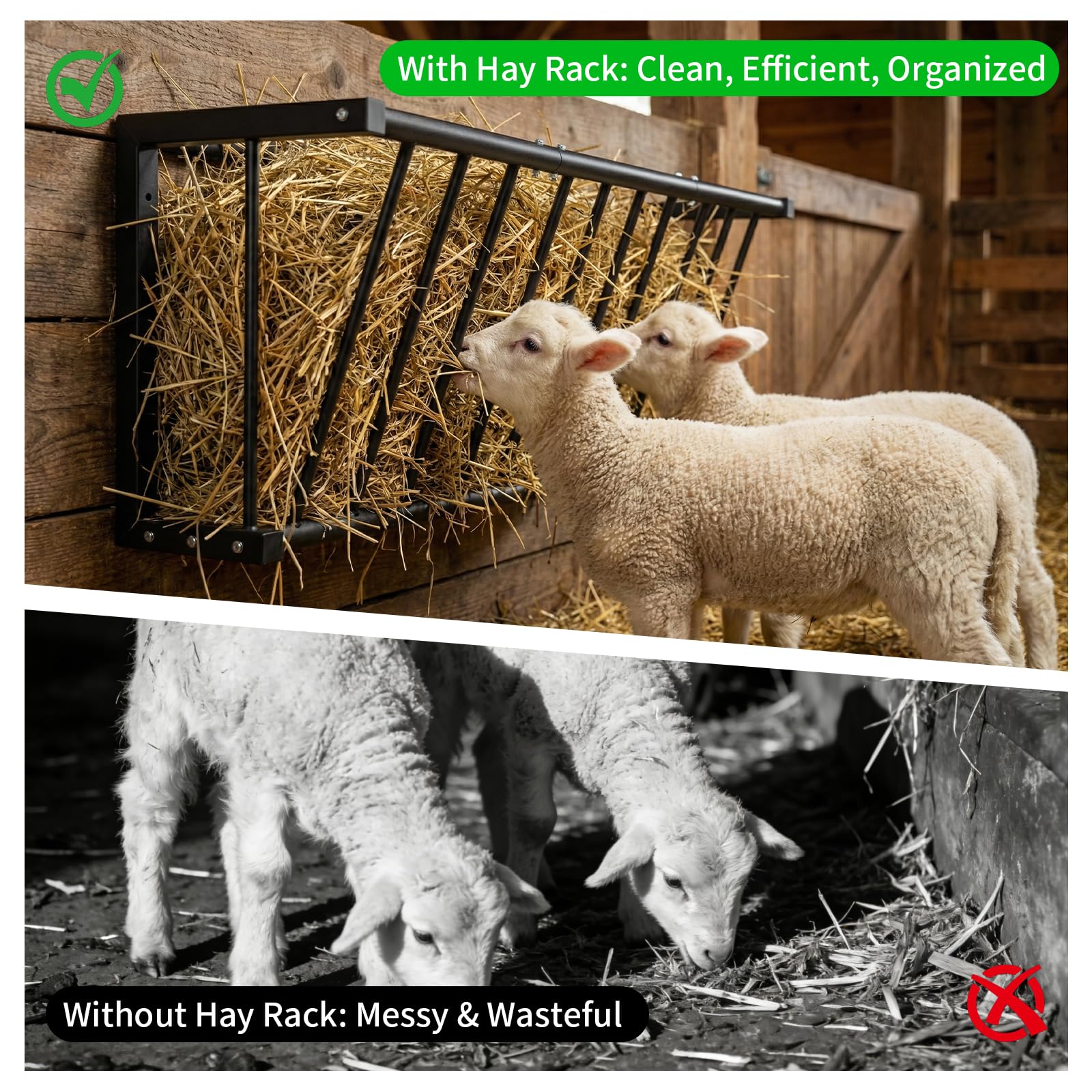 Wall Mount Hay Rack for Goats, Sheep, Horses – Heavy Duty 25 Gallon Livestock Hay Feeder, Hanging Blanket Holder with Rust Resistant Coating, Space Saving Farm Goat Feeder for Indoor, Outdoor Use - image 6