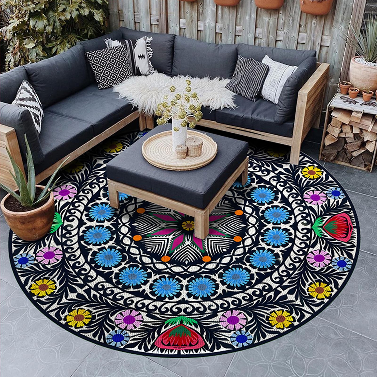 dywan zewnętrzny na patio, Dywan zewnętrzny wodoodporny plastikowy słomiany dwustronny dywanik odporny na słońce okrągły dywan na podwórko, werandę, balkon, taras(D,60cm)