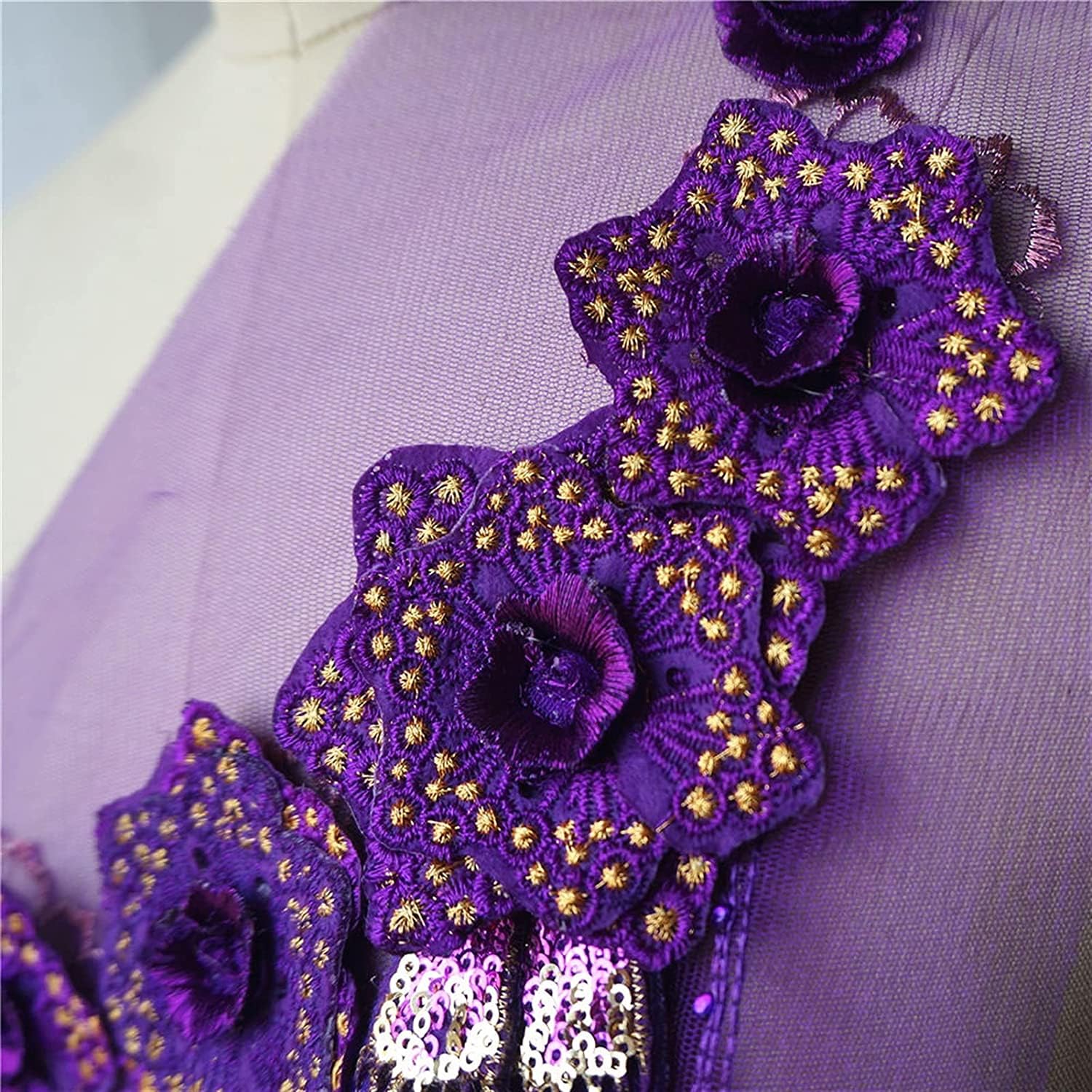 Applicazioni da cucire, Tessuto di pizzo a fiori viola, paillettes, nappe, abito ricamato, applicazioni, colletto, maglia, toppa da cucire for la decorazione nozze, fai te