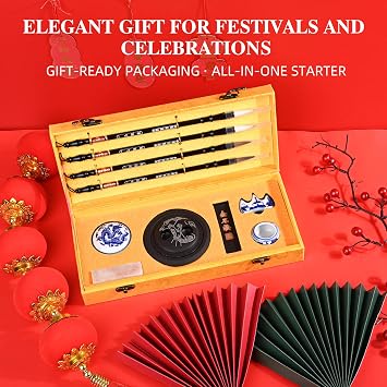 I-MART Chinese Calligraphy Set for Beginners with 4 Brushes, Ink Stone, Ink Stick, Red Ink Paste, Seal, Porcelain Water Bowl, Brush Holder, Calligraphy Kits for Beginners and Sumi Painting