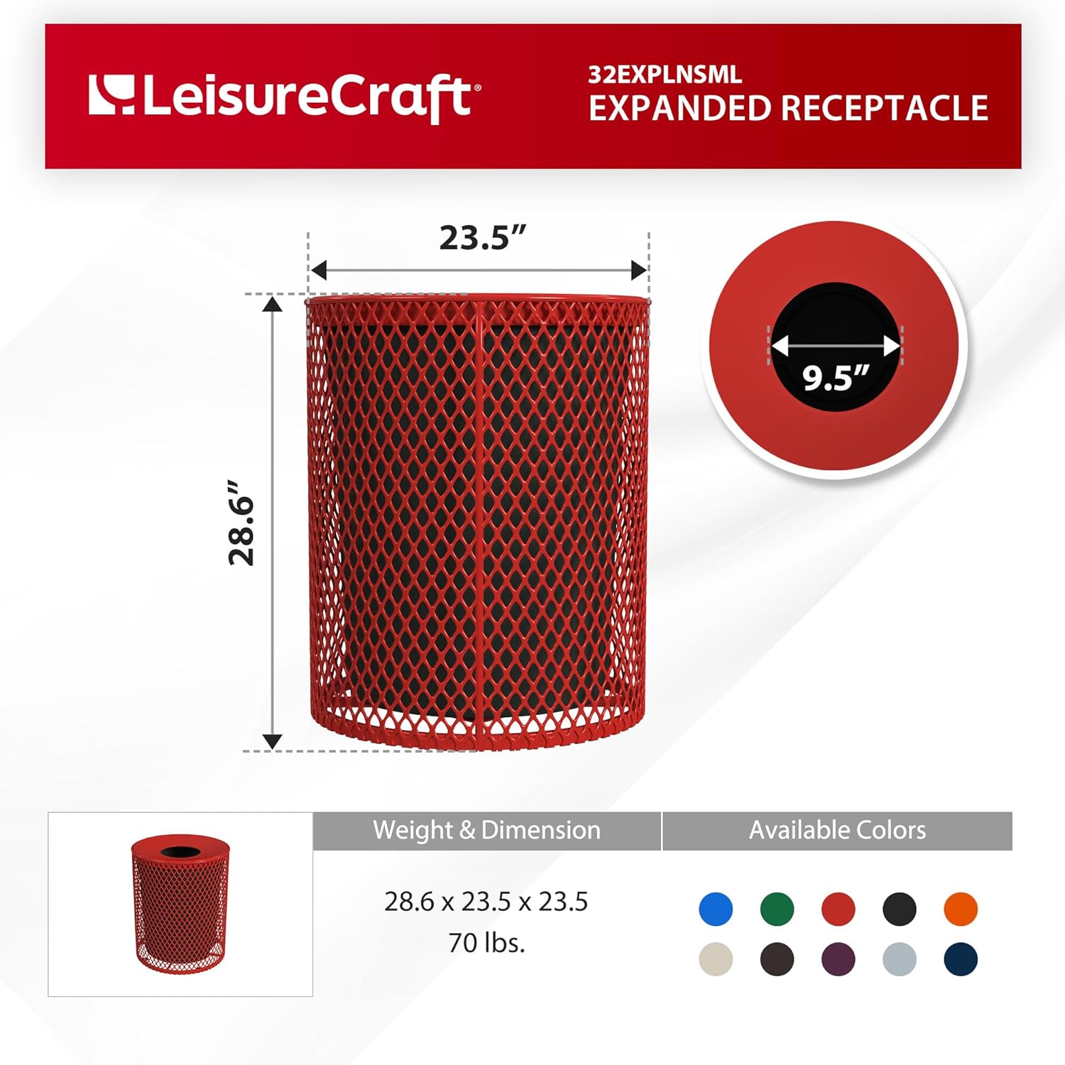 Leisure Craft 32 Gallon Outdoor Trash Can Receptacle - Commercial Large Heavy Duty Outside Trash Bin with Liner, Expanded Metal, Durable Thermoplastic Coating, Park Garbage Can Made in USA - Red