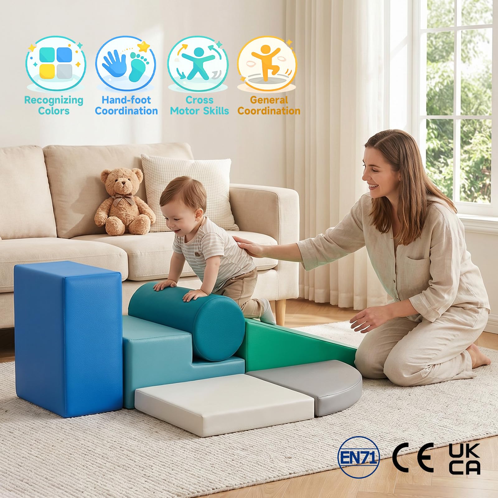 JungleDove Parcours Motricité Bébé 6 Pièces: Module Motricité Enfant Cuir PU Blocs Mousse Éducatifs - Jouets Descalade Structure d'escalade Antidérapante Ensemble Cylindre