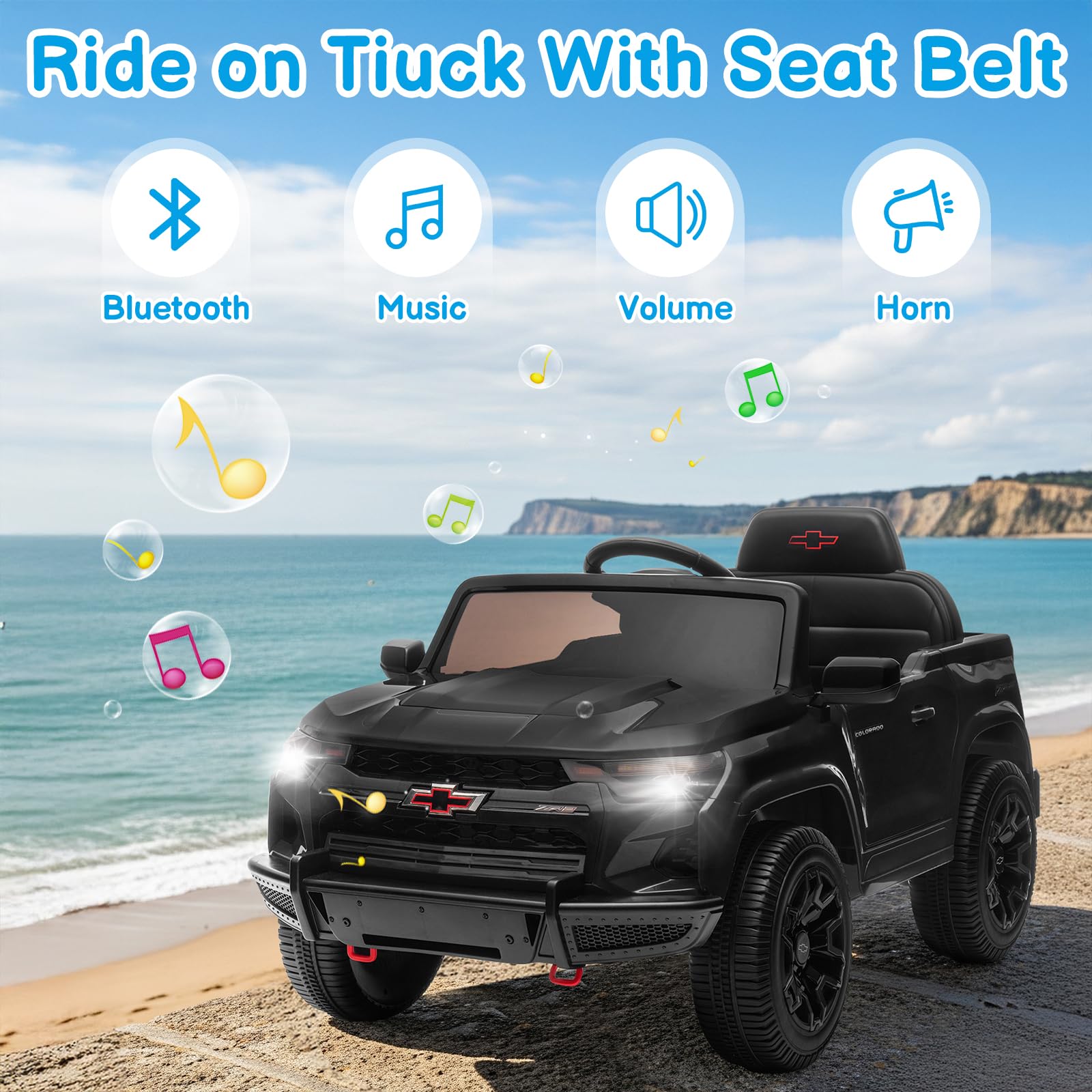 Winado Licensed Chevrolet Colorado Electric Car for Kids, 12V Ride on Toys for Toddlers with Remote Control, Battery Powered Electric Car Ride On Vehicle w/Bluetooth, Soft Start, LED Lights - Black