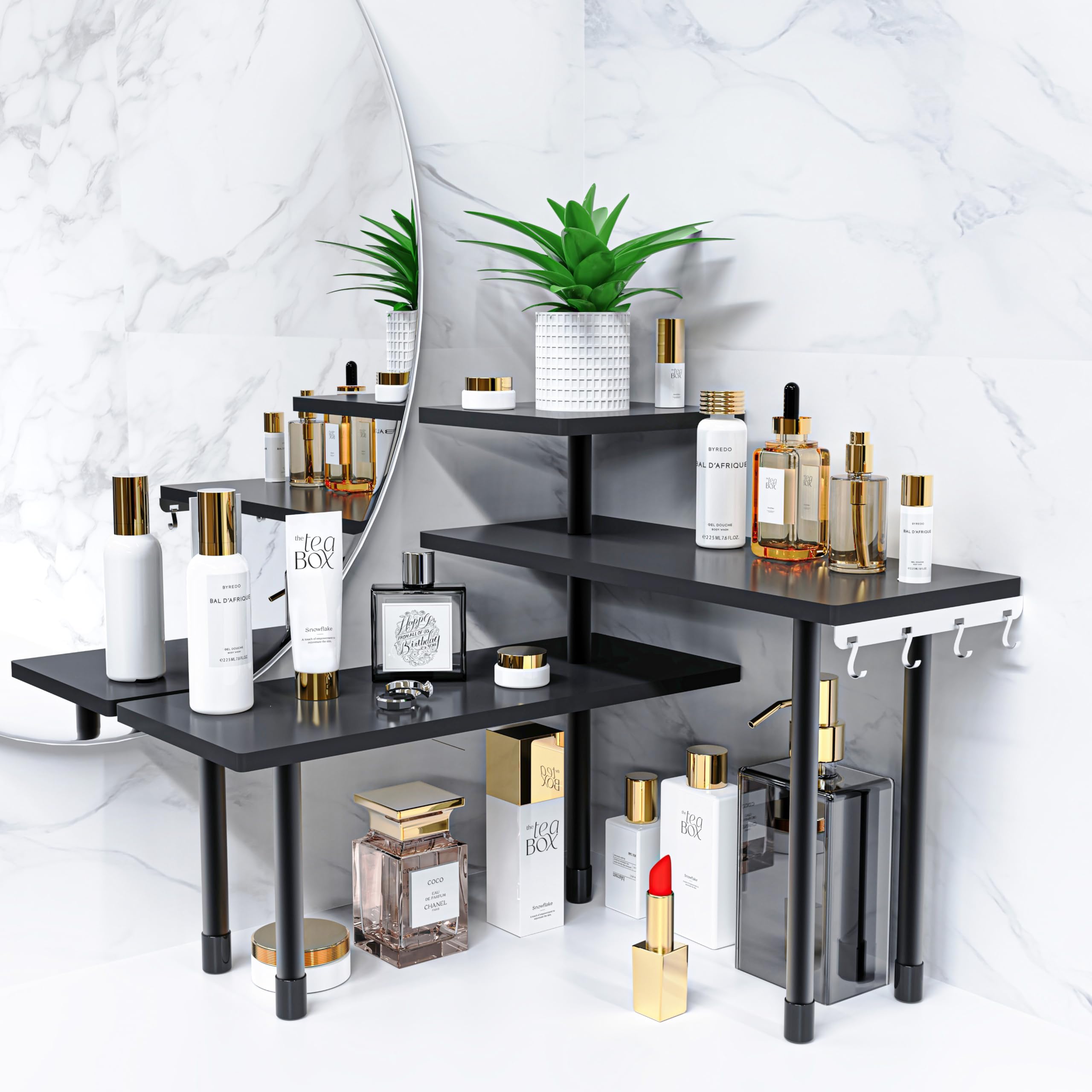 Kitchen Counter Shelf Organizer, 3 Tier Corner Shelf Bamboo Bathroom Countertop Organizers with Hooks, Space Saving Makeup Organizer Spice Rack Corner Plant Shelf