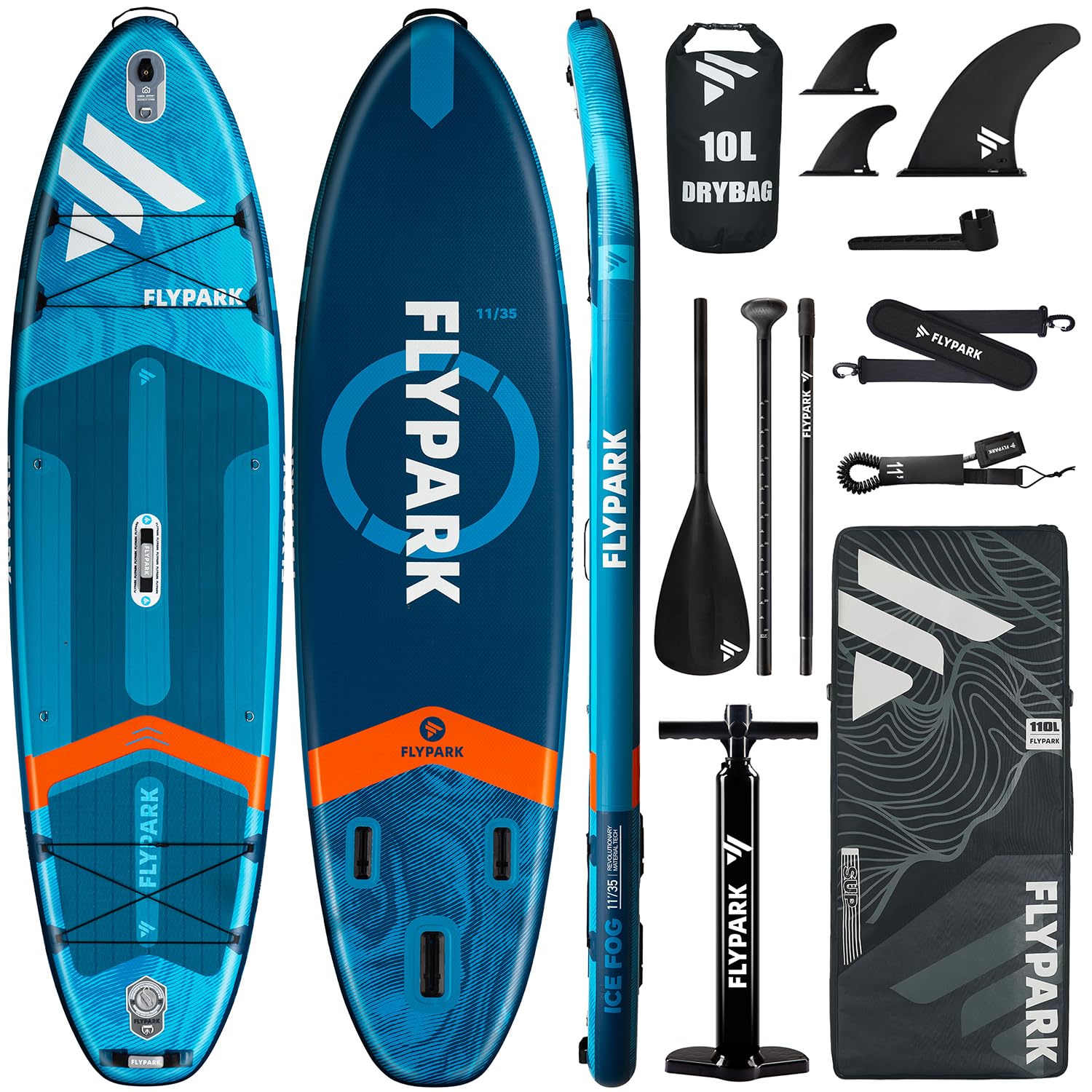 Flypark Tabla de Remo Inflable Estable de Pesca y Familia de 10 pies 8/11 x 35 Pulgadas, Tabla de Remo Inflable Extra Ancha, rodamiento de 430 Libras, Tabla de Remo de pie, Soporte de cámara, Correa