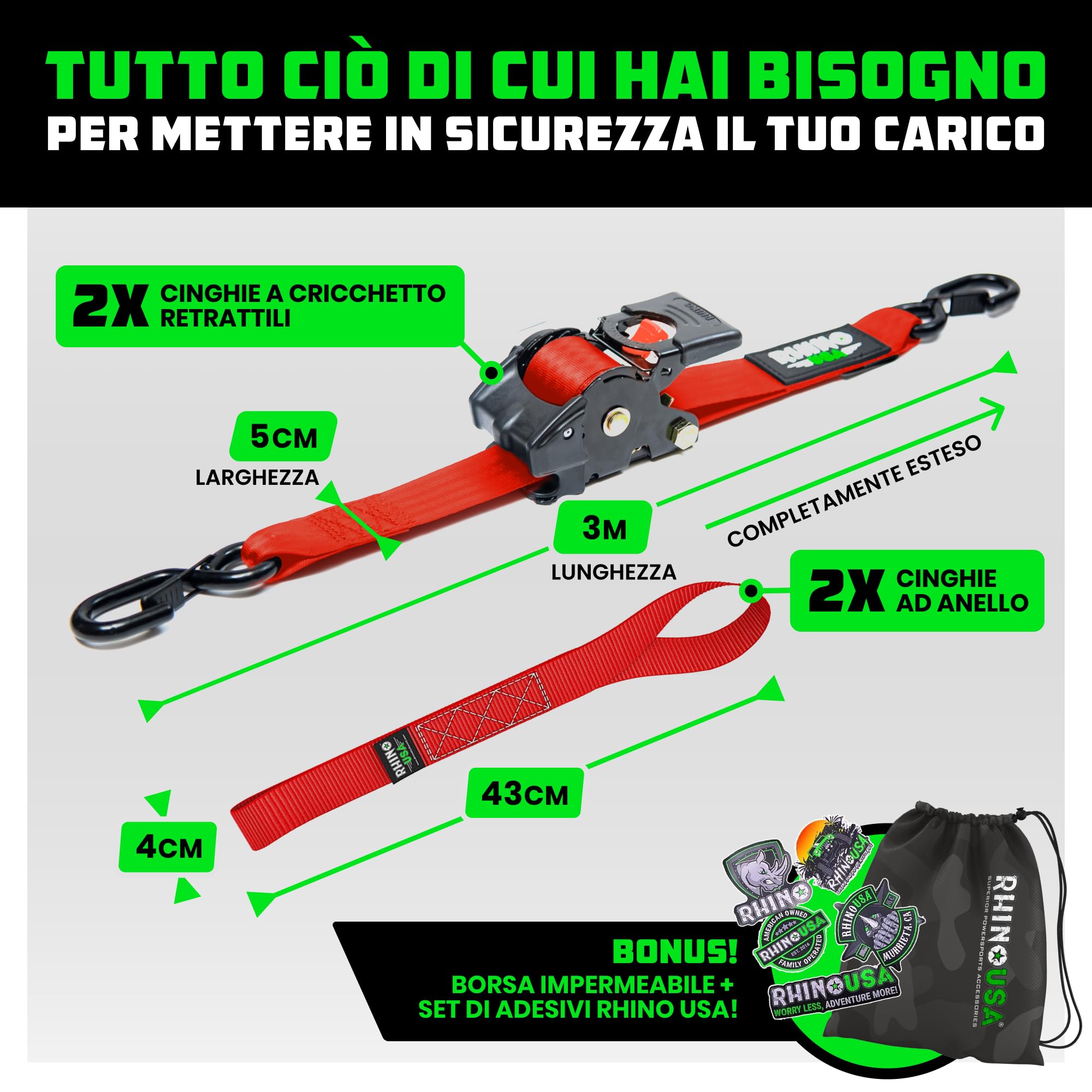Rhino USA Cinghie di tensione retrattili con cricchetto da (confezione da 2) -1360 kg di carico di rottura, incluse (2) automatiche ultimate da 5.0 cm x 3 m con maniglie imbottite - Rossa