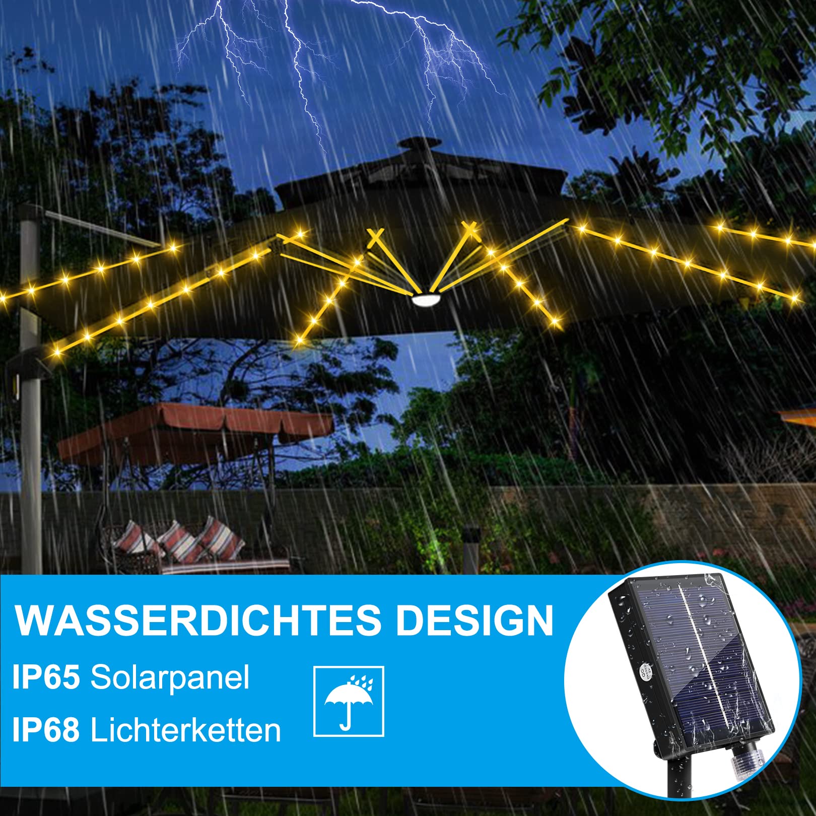 Sonnenschirm Beleuchtung Solar,Regenschirm Lichterkette mit 104 LEDs Lichter und Fernbedienung 8-Modus, IP67 Wasserdichte Gartenleuchten für Schirmdekoration,Campingzelte,Außen und Innen Deko Licht