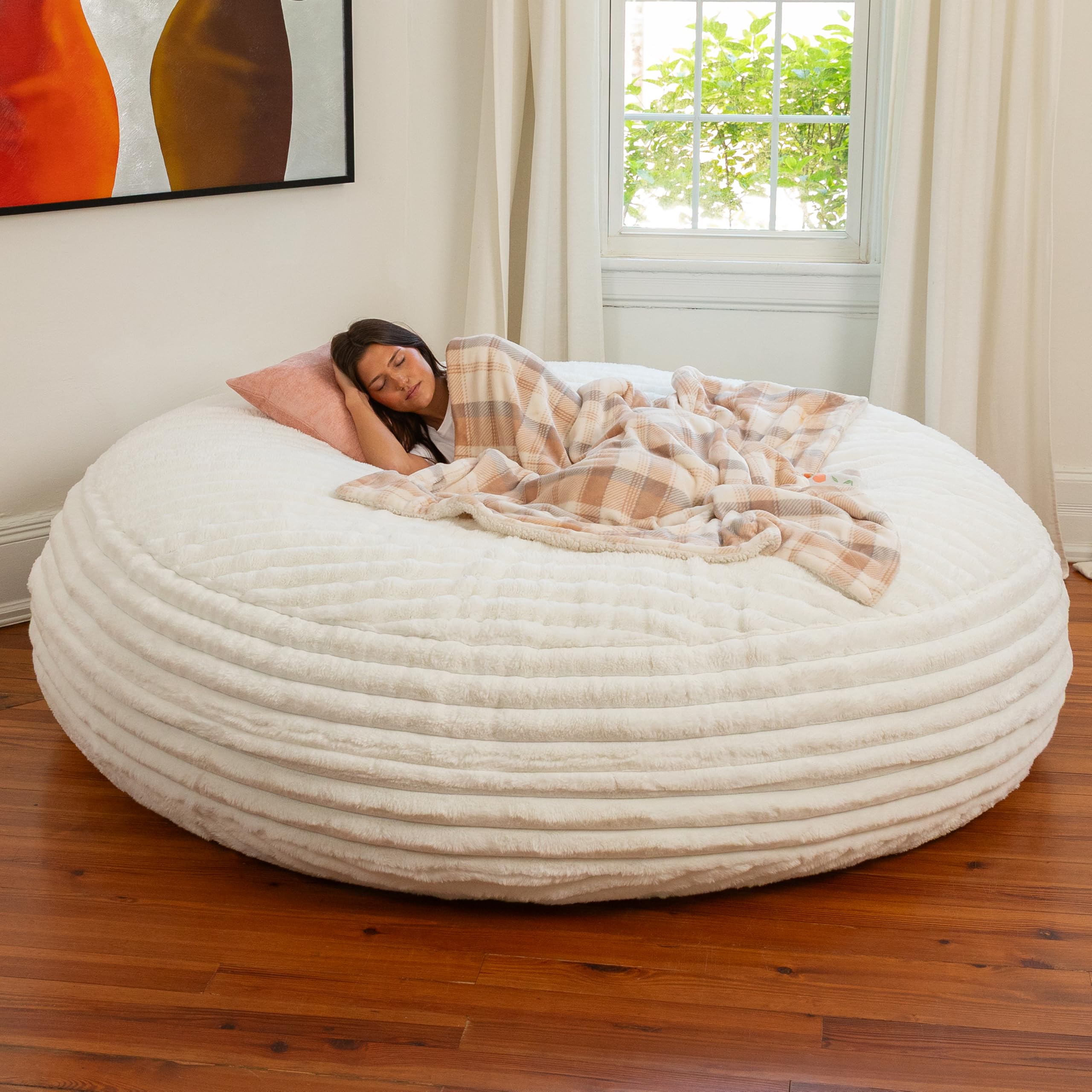 Jaxx Cocoon Bean Bag Bed for Adults - 2-in-1 Giant Bean Bag Sleeper and Convertible Lounger - Made in The USA - 7 Foot, Mondo Fur Ivory
