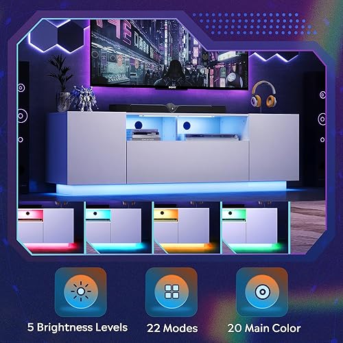 Miniatura 3 de WLIVE Soporte de TV moderno para TV de 65 pulgadas, centro de entretenimiento con luces LED y grandes gabinetes de almacenamiento, consola de medios