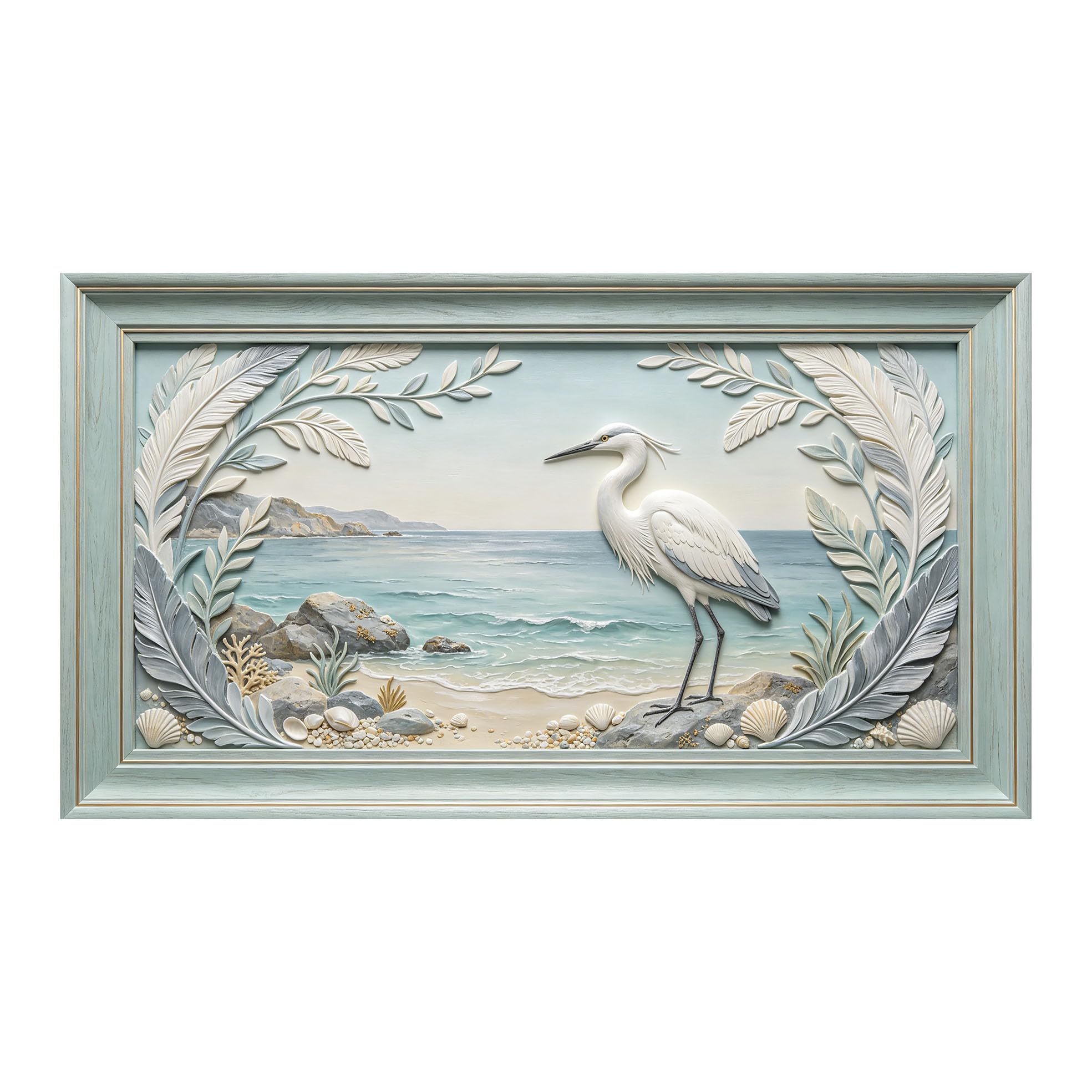 Murasolite 3D Framed Wall Art Coastal Seaside Landscape Heron Relief Effect SelfAdhesive Fabric Mural Wall Decor， Peel and Stick No Damage to Wall， AntiFall Safe Design for Bedroom Living Room