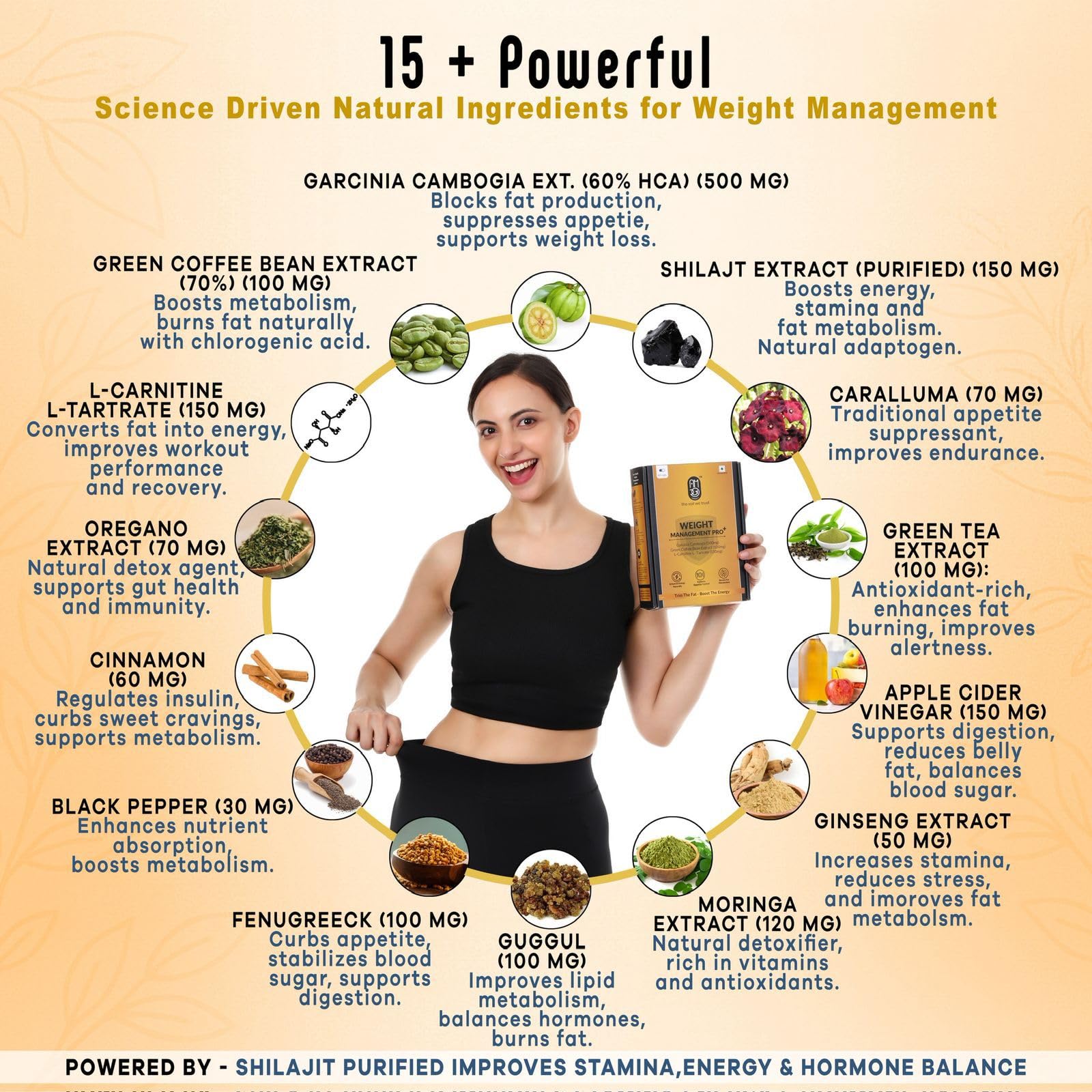 Weight Management Pro+ Fat Burner for Men & Women | Natural Weight Loss Supplement with Garcinia Cambogia, Green Coffee Bean Extract, L-Carnitine, Apple Cider Vinegar, Moringa Extract & Shilajit – 60 Capsules - Image 5 thumbnail