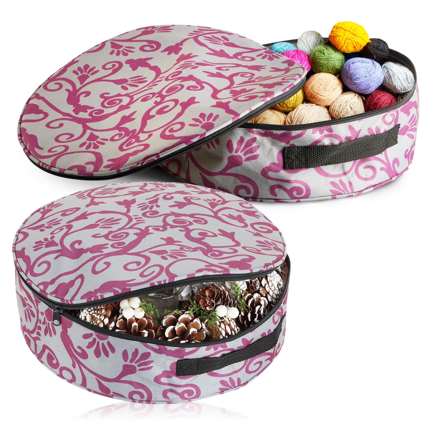 COM-FOUR® 2x storage bag for wreaths, garlands, sewing and toys - large round fabric box with carrying handle for Christmas, Easter, Advent decoration with zipper (2 pieces - grey + purple)