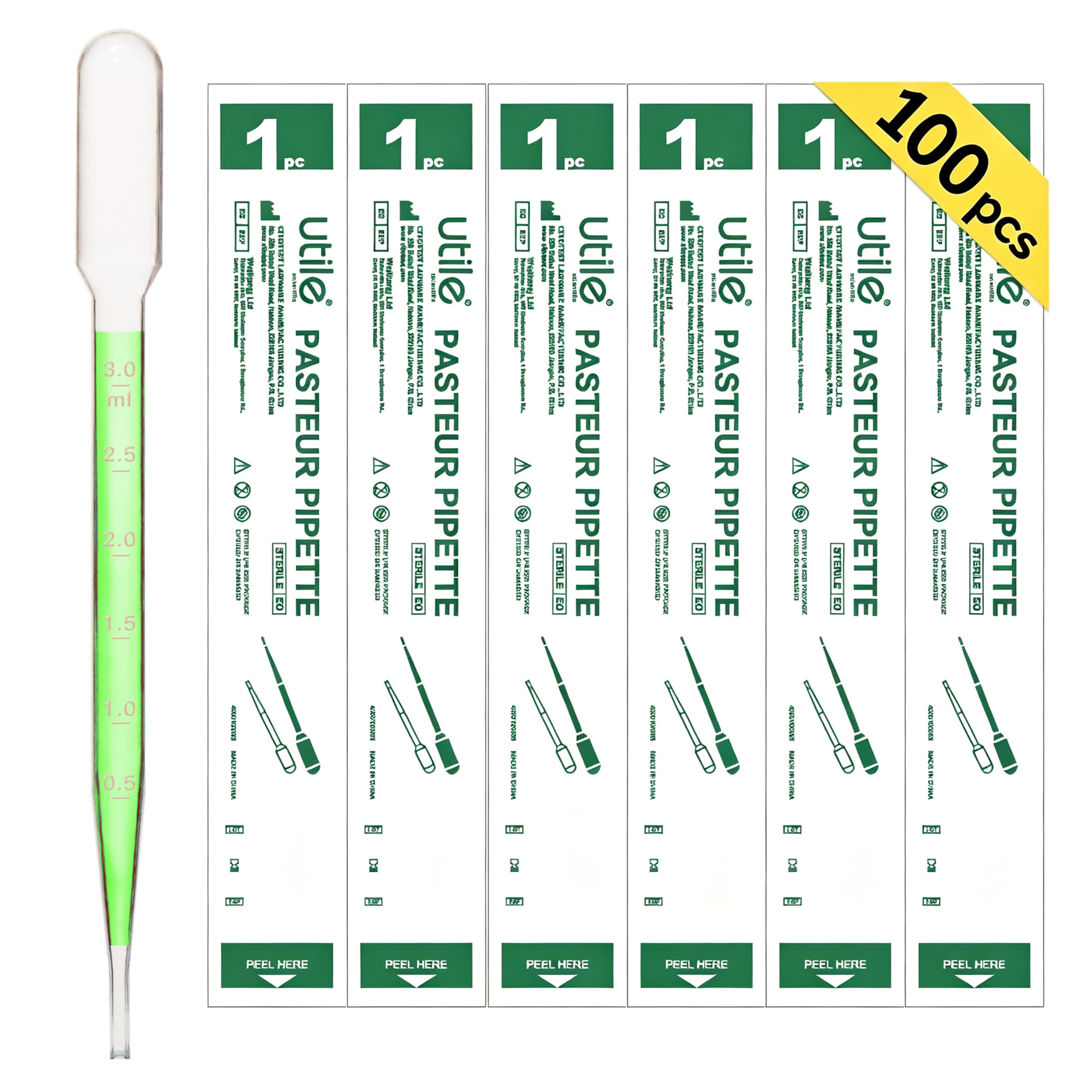 Utile 100 pipette sterili per il trasferimento, pipette per oli essenziali, tappo.7 ml con lunghezza 155 mm, materiale in polietilene a bassa densità, confezione singola da peel-pack, 4320.0513.100