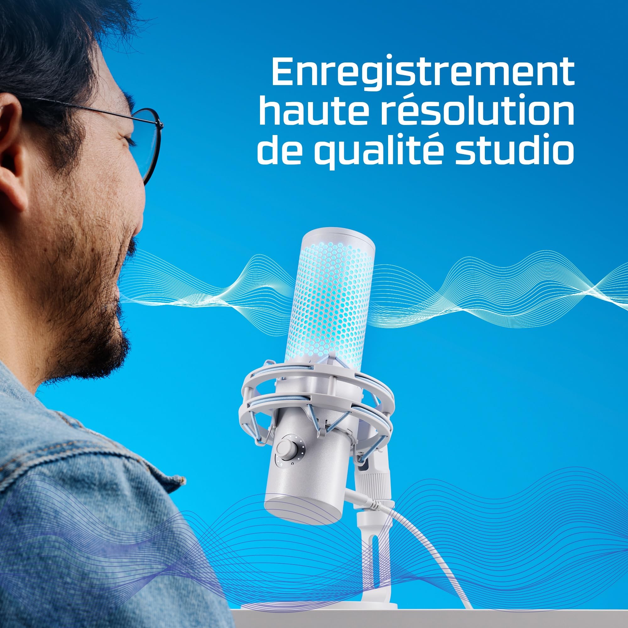 HyperX QuadCast 2, Microphone USB à condensateur pour Gaming/Streaming/Podcast, 4 directivités, Commandes intégrées, éclairage LED, Support Anti Choc Amovible, PC/Mac/PS5/PS4, USB-C, Blanc