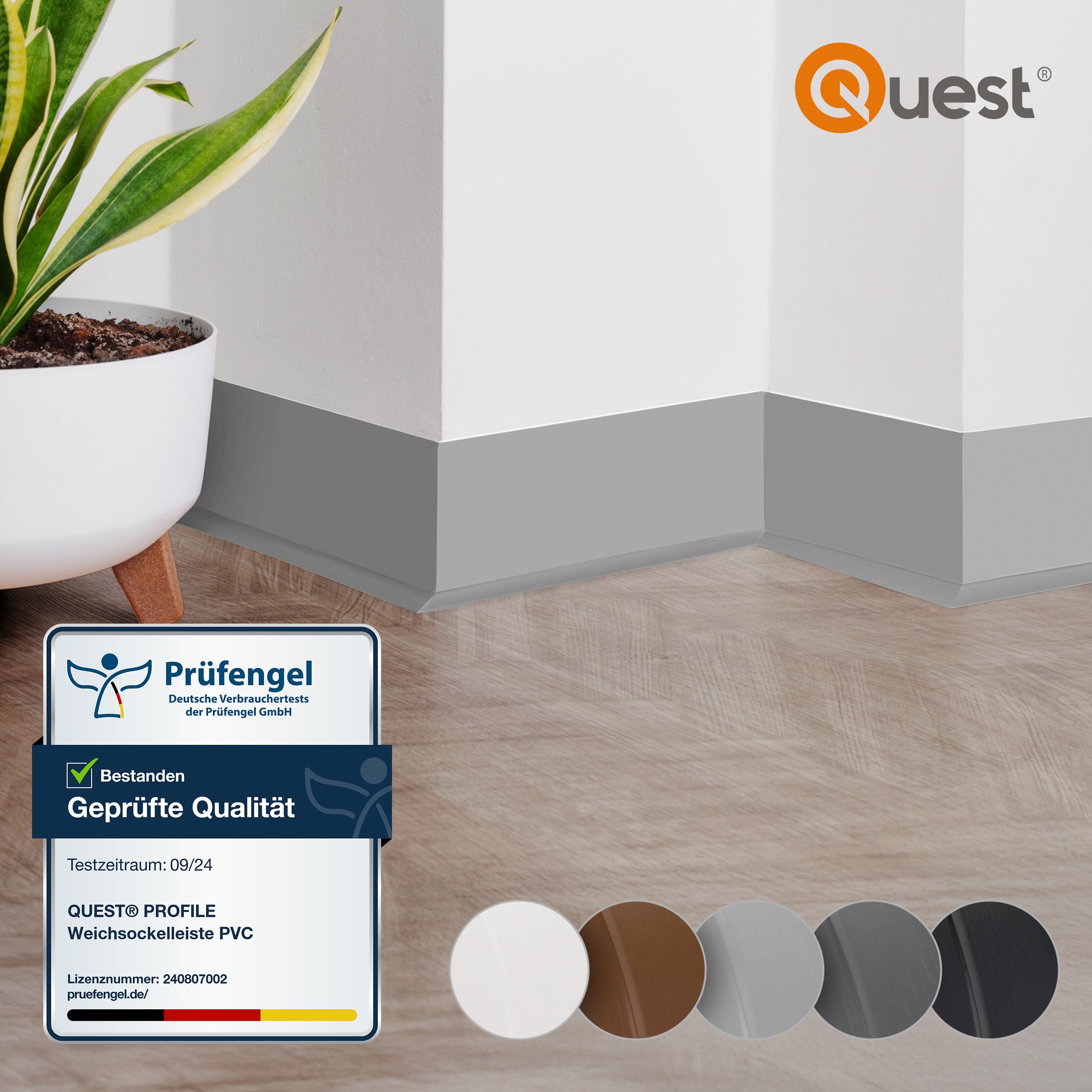 Quest listwa przypodłogowa PVC 100x25 mm samoprzylepna – czarna, 25 m | Wysoki, miękki cokół podłogowy maskujący styk ściany z podłogą, elastyczny, ochronny, łatwy montaż w domu i biurze