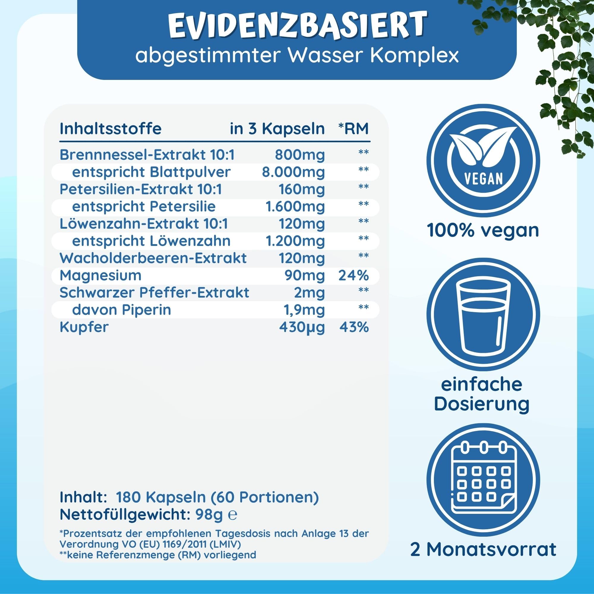 Wasser Komplex - 180 Brennnessel Extrakt Kapseln mit Petersilie Wacholderbeeren Löwenzahn Magnesium sowie Kupfer für das normale Bindegewebe - ohne chemische Entwässerungstabletten stark von loodus®