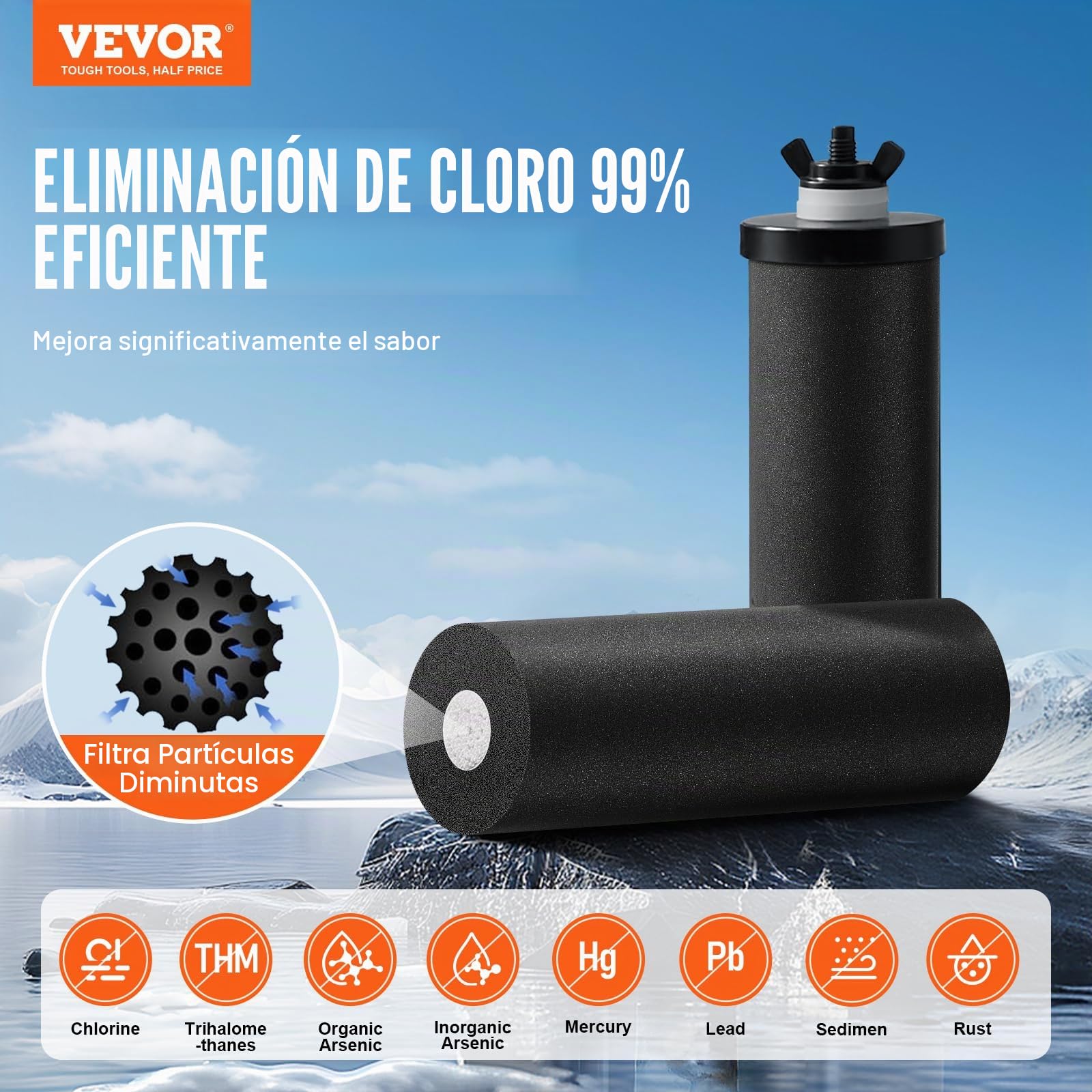 VEVOR Sistema de Filtración de Agua por Gravedad 8,5L Sistema de Encimera Acero Inoxidable Reduce Plomo y hasta 99% de Cloro con 2 Filtros de Carbón Membrana de Ultrafiltración Nivel de Agua Visible