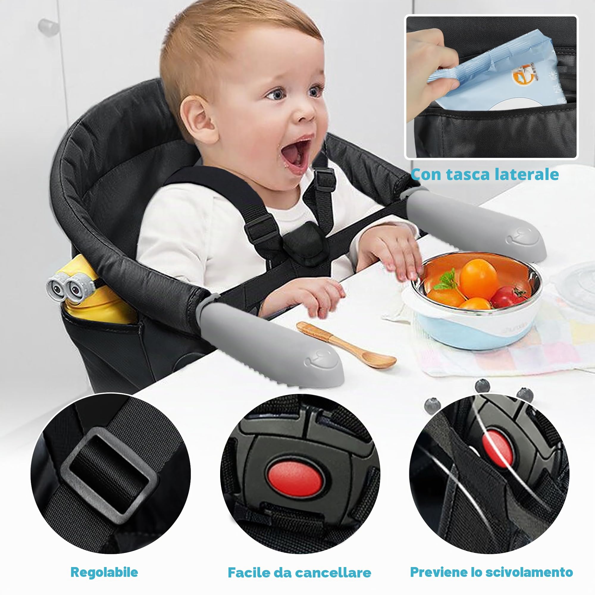 UISEBRT Seggiolino da tavolo pieghevole per bambini, con morsetti antiscivolo e cintura di sicurezza, per la casa e il viaggio, colore nero
