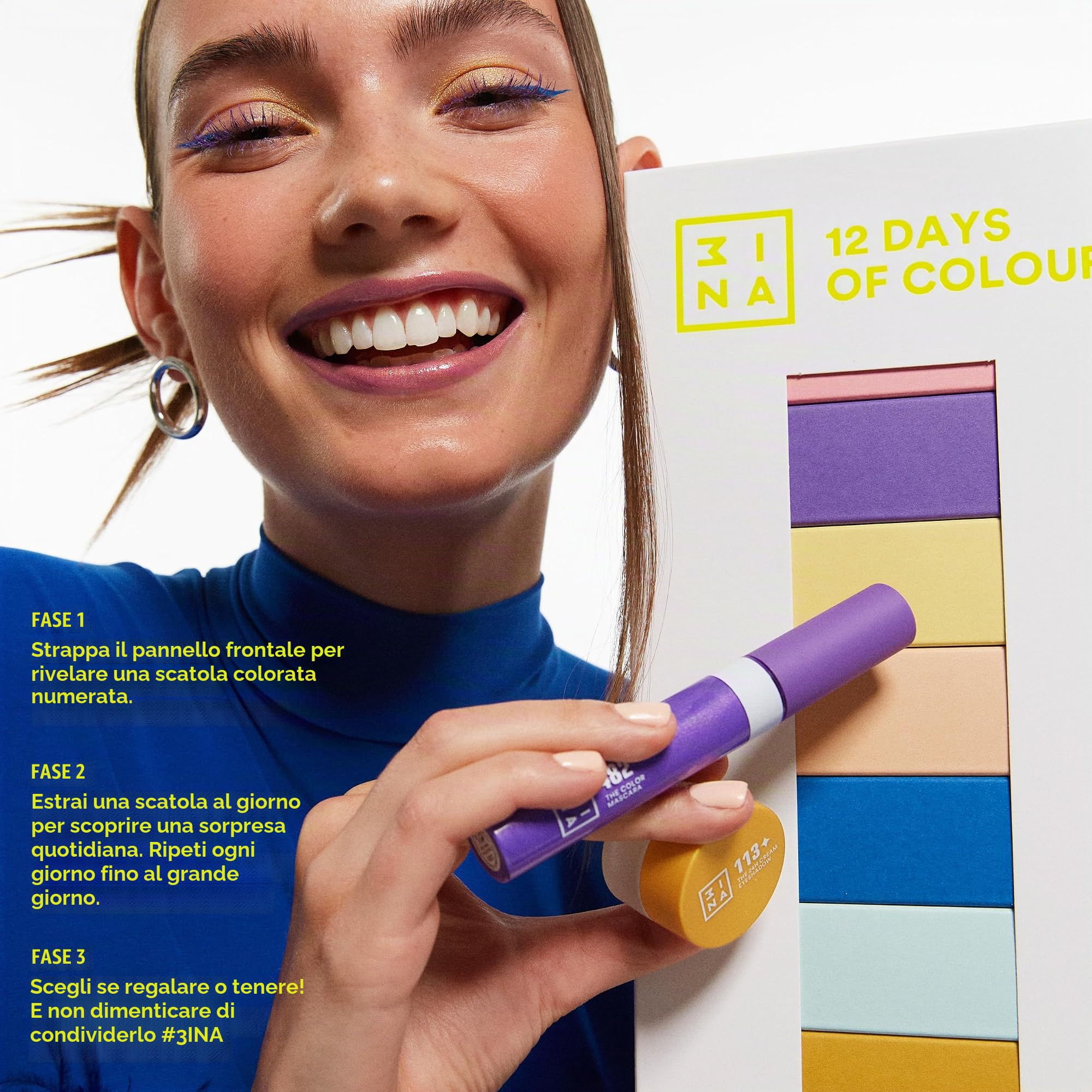 3INA MAKEUP - 12 Days of Color - Calendario dell'Avvento 2023 Bellezza - Calendario dell'Avvento Cosmetici - Set per il make-up con 12 prodotti in formato completo - Vegan - Cruelty Free
