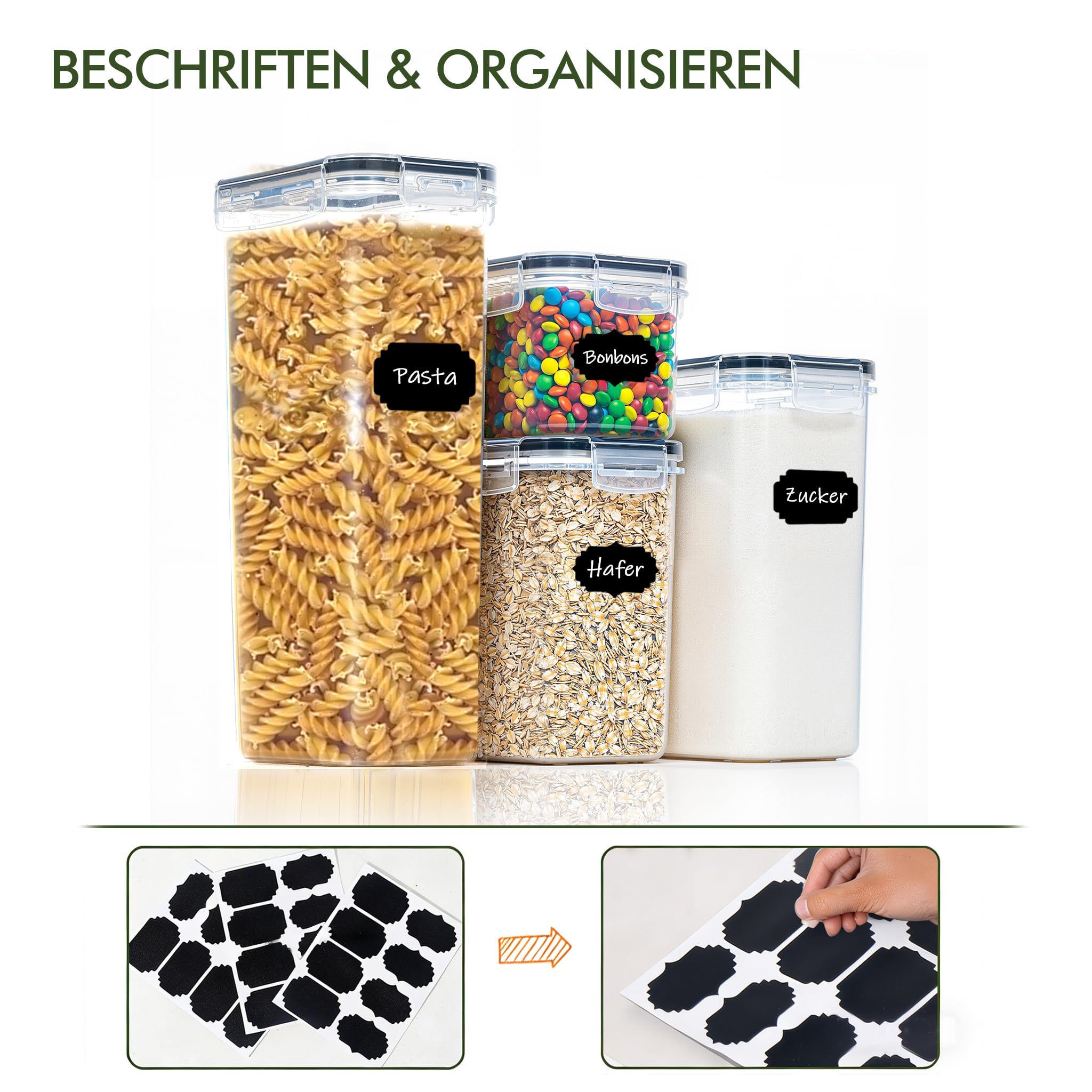 Theo&Cleo Vorratsdosen Mit Deckel Luftdicht (4 Größen), 24er Set Organizer Box, BPA-frei Aufbewahrungsbox Küche, Frischhaltedosen für Mehl, Müsli, Cornflakes, Vorratsbehälter Mit Etikett (24)
