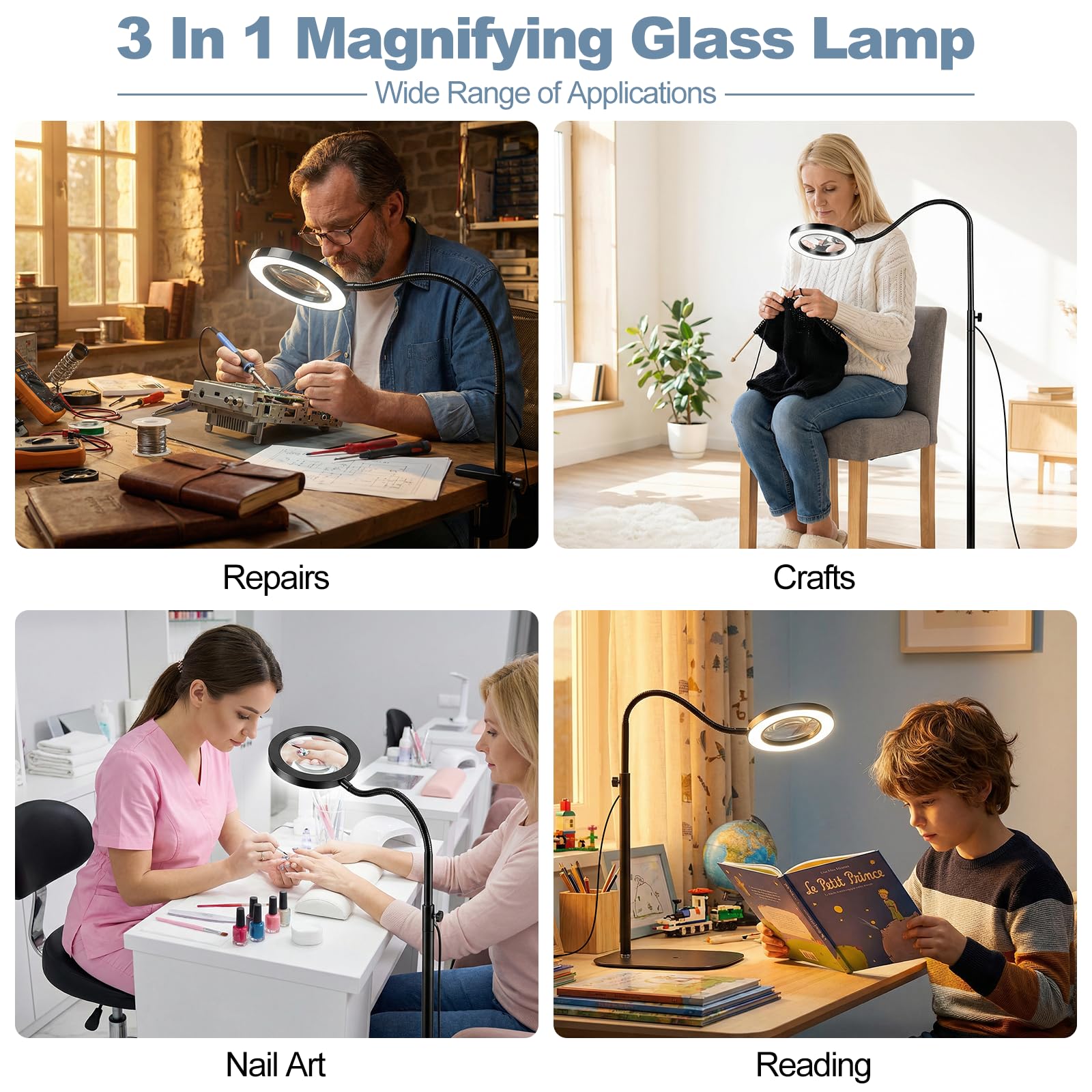 Loupe avec lumière et support, 10 loupes sur pied avec éclairage et trépied, loupe 3 en 1, 3 modes de couleur, convient pour la lecture et le dessin