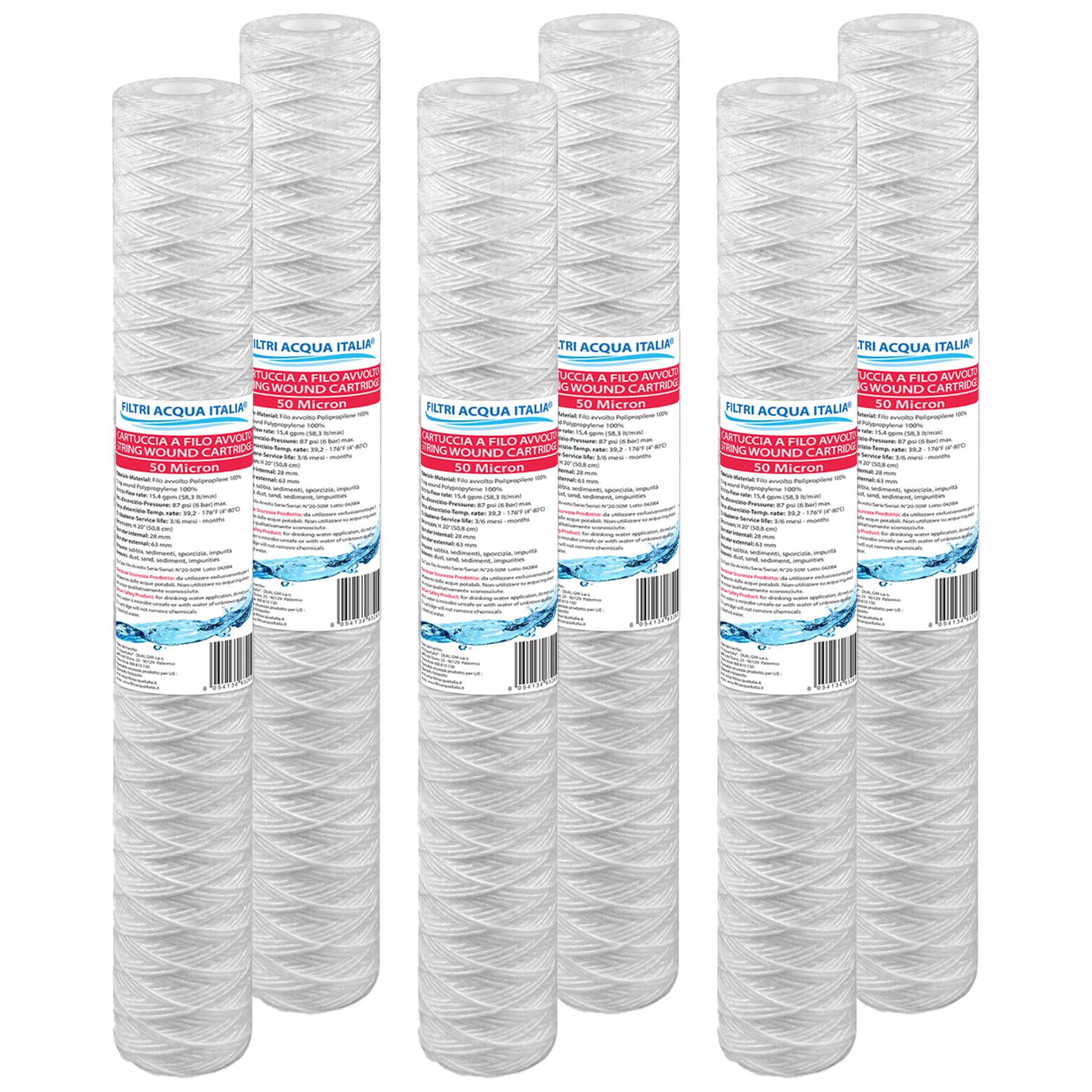 Cartuccia Filtro Filo Avvolto 20 Pollici Micron 50 Filtri Acqua Italia Set 6 Pezzi