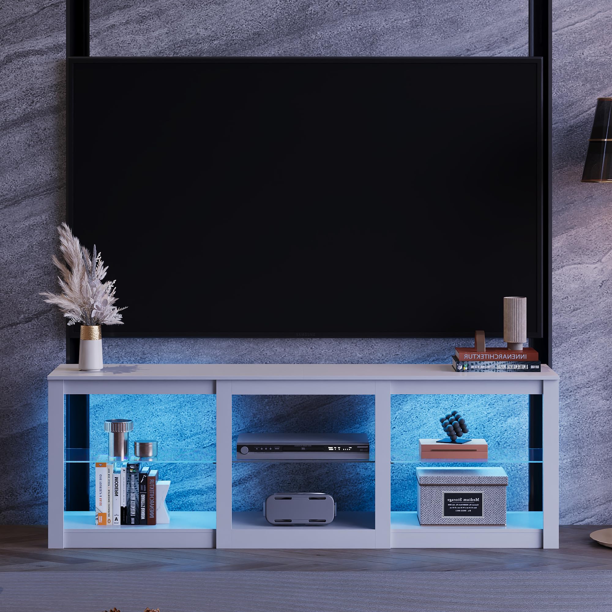 WLIVE Mobile TV LED 166 cm, Lowboard Bianco con Illuminazione a 22 Modalità e Scomparti Aperti, Porta TV per Televisori fino a 75 Pollici, Mobiletto con Ripiani in Vetro Regolabili per Soggiorno