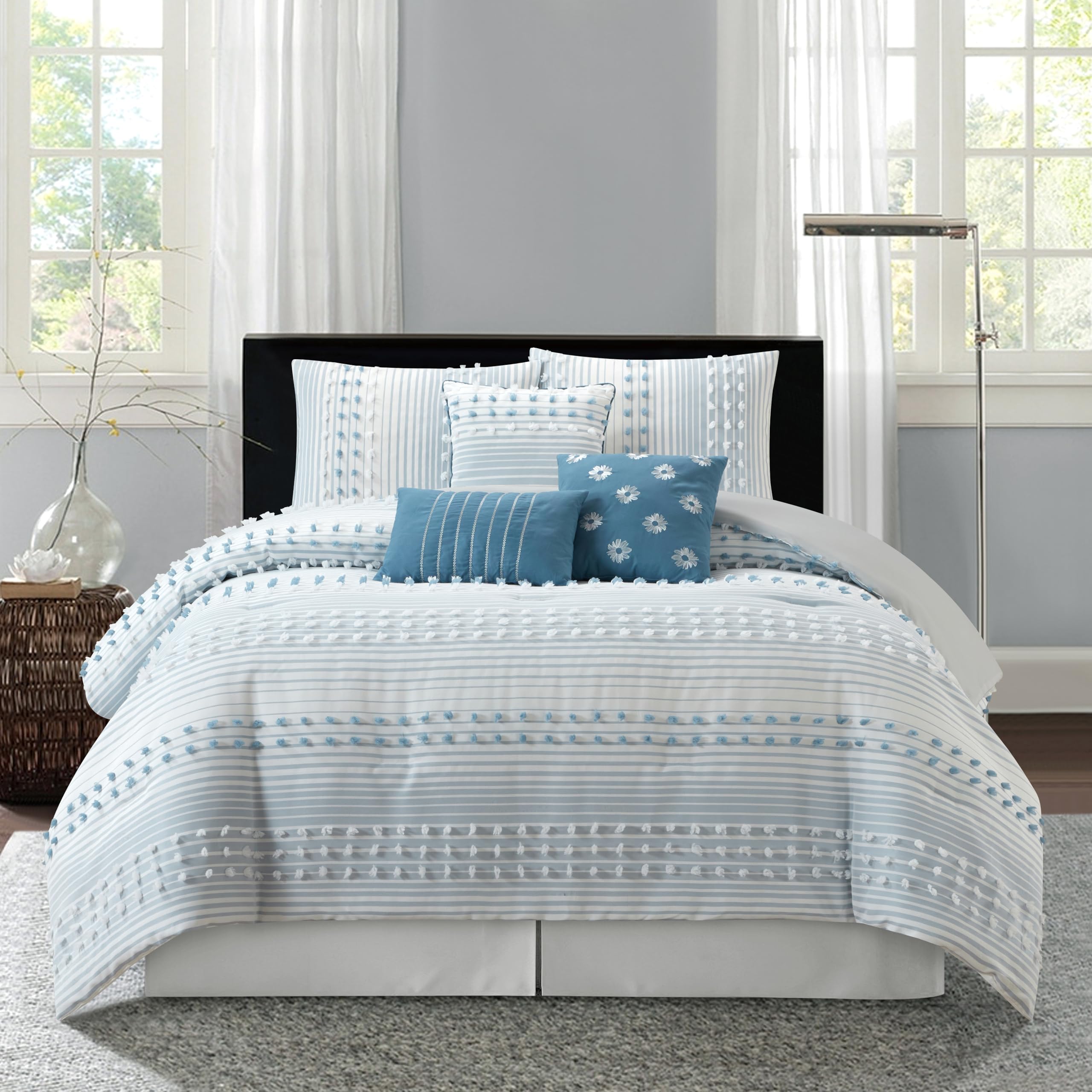 Grand Avenue Azure Comforter Set King Size, 7 Piece Clip & Jacquard Soft Bedding Set, All Season, Matching Pillows & Shams, Bedskirt