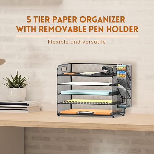Miniatura 2 de SUPEASY Organizador de escritorio de 5 niveles con asa y soportes extraíbles para bolígrafos, organizador de papel de mallaarchivos para escritorio,