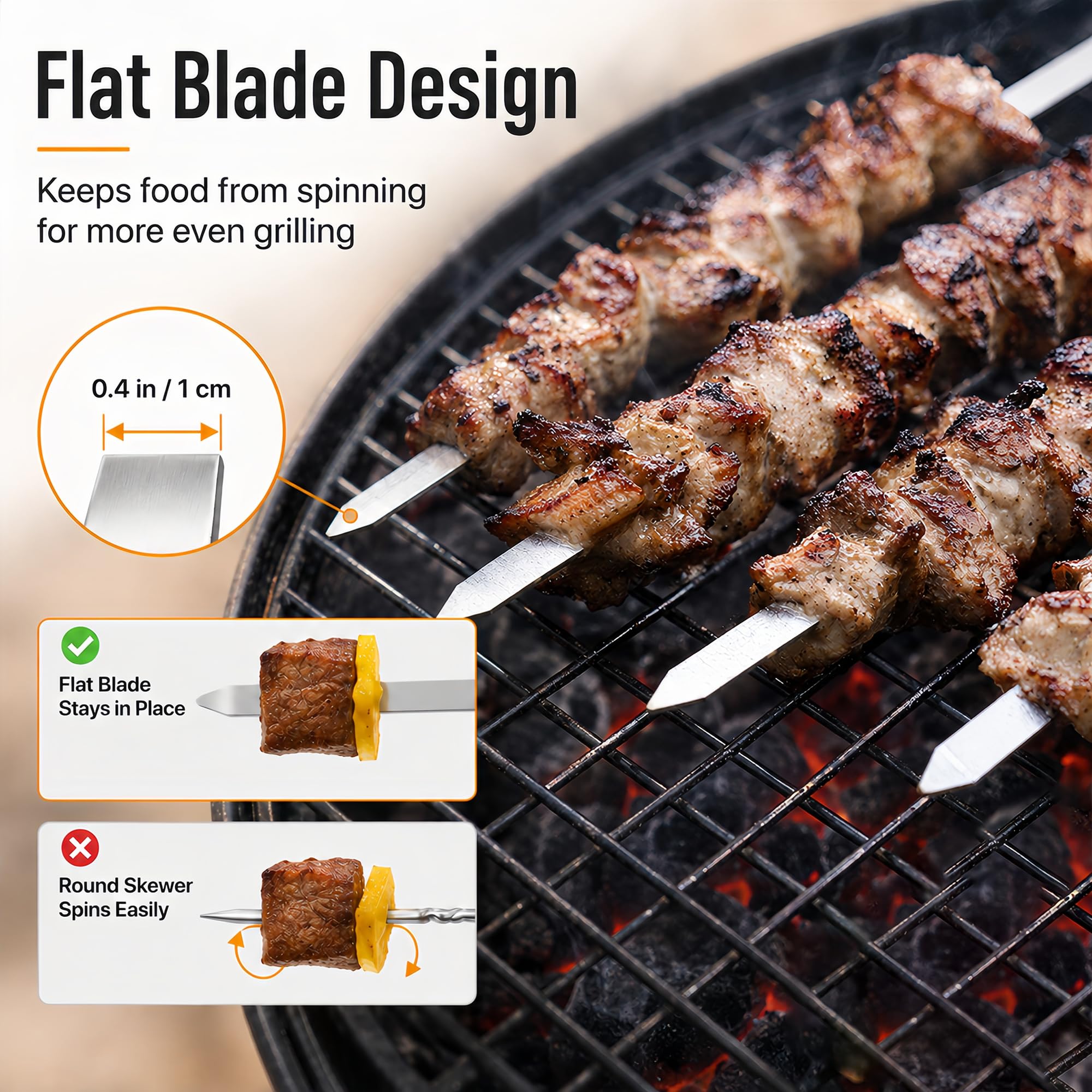 IMEEA Paquete de 8 brochetas planas para barbacoa de 55 cm, de acero inoxidable, 1 cm de ancho, con mango de madera, pincho de metal