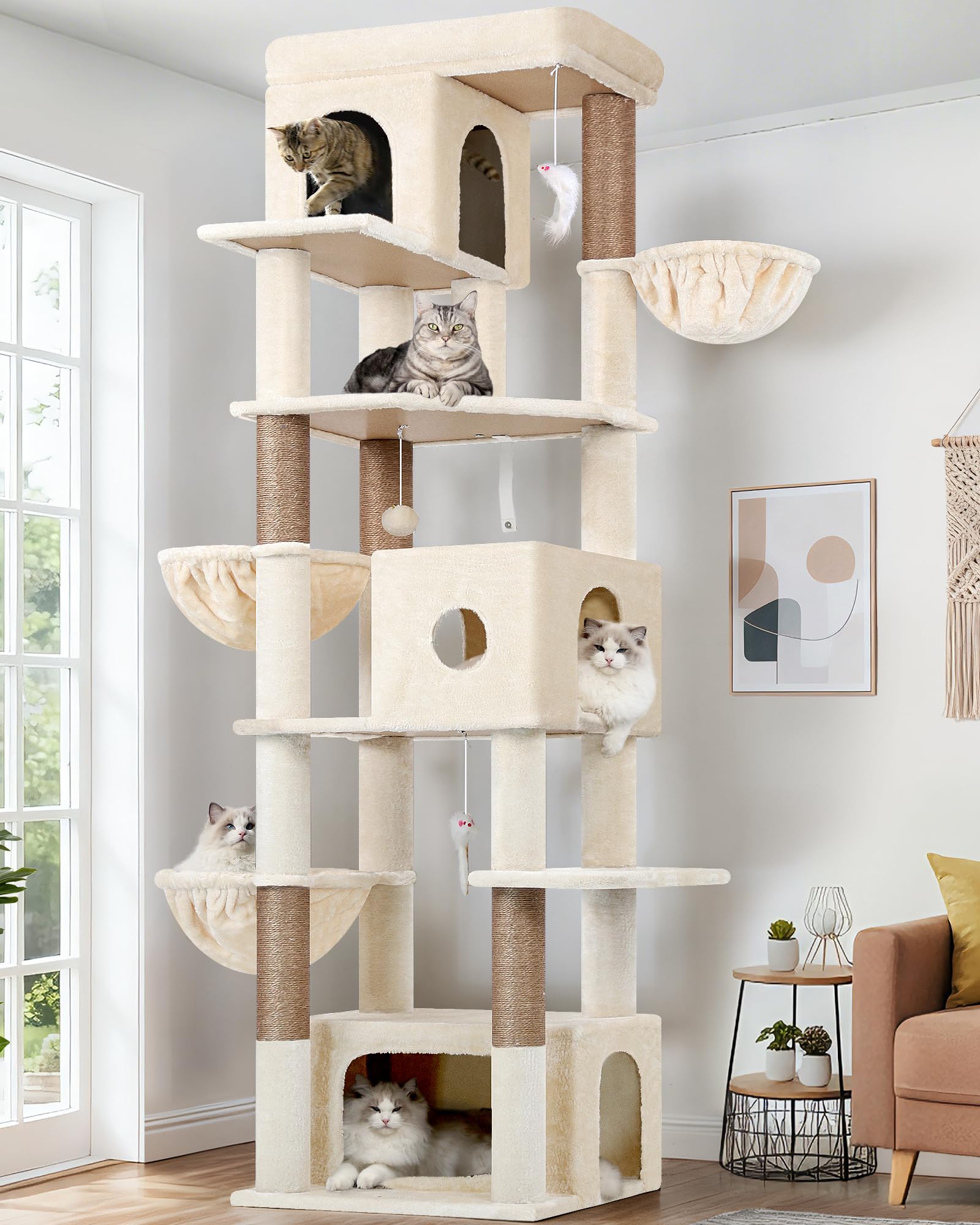 Globlazer F80F Kratzbaum Beige Große XXL 204 cm Stabil für 3-5 Groß Katze | Luxus Katzenbaum mit 3 Katzenhaus, 2 Große Plattformen,3 Weich Katzenkorb für 3-5 Erwachsene Katze Ausruhen Spielen Kratzen
