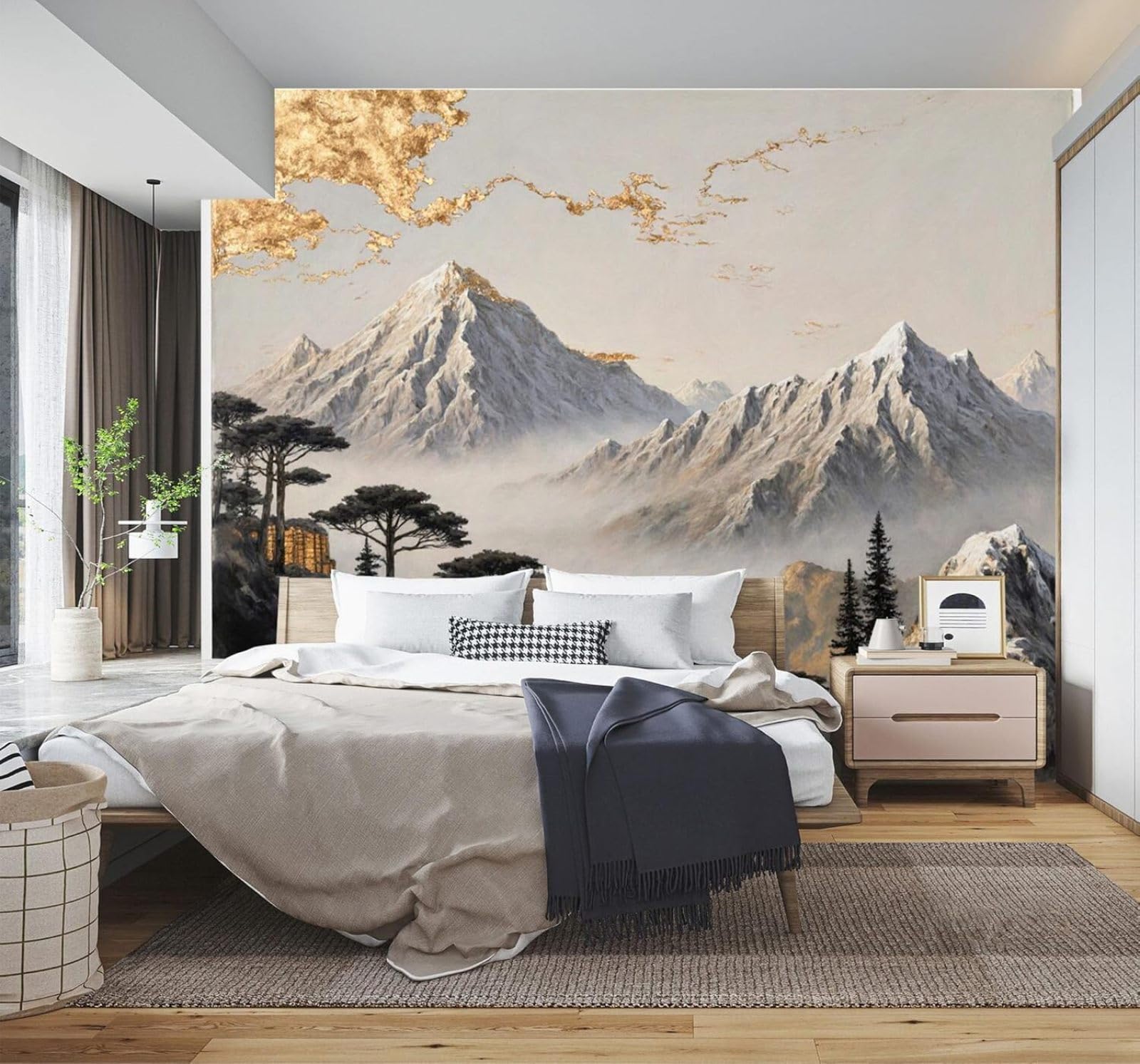 3D Papel Pintado Paisaje Montañoso Envuelto Niebla Pinos Abstracto Dorado