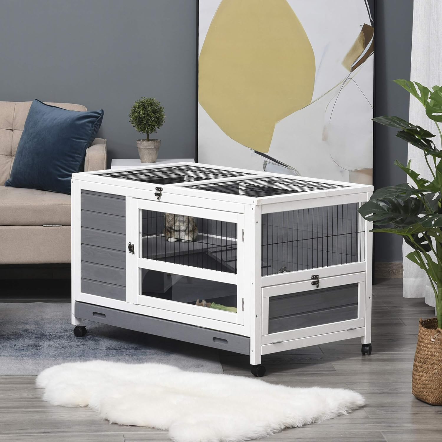 Assembled PawHut Rabbit Hutch in a living room setting