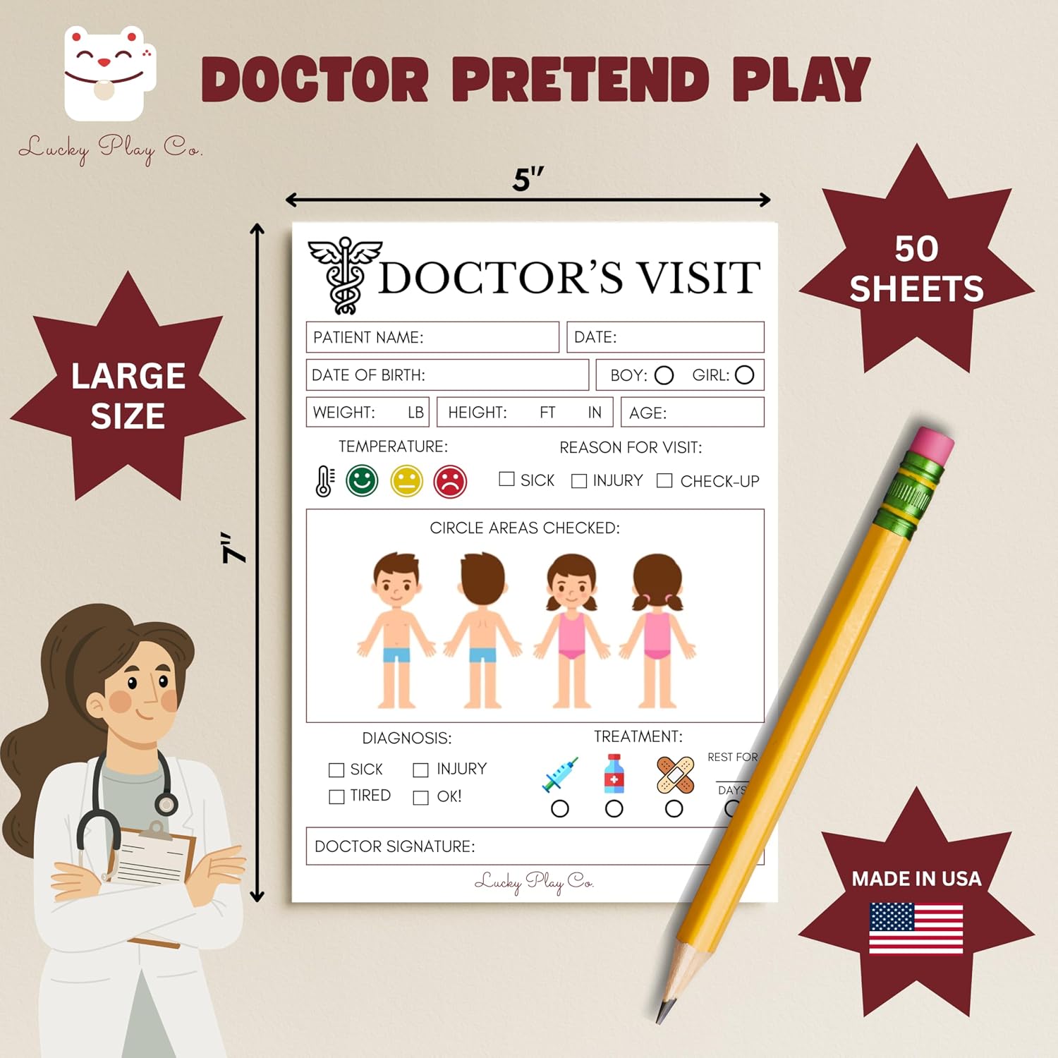 Doctor Play Notepad for Kids – Pretend Doctor's Medical Visit Clinic Imaginative Role-Play Playtime Pad – Large 5x7” Notepad, 50 Pages, Made in USA image 2
