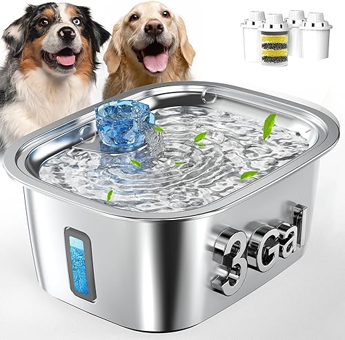 Fuente de agua para perros grandes, fuente de agua de acero inoxidable de 3 galones con 4 filtros de ventana de nivel de agua, fuente automática de