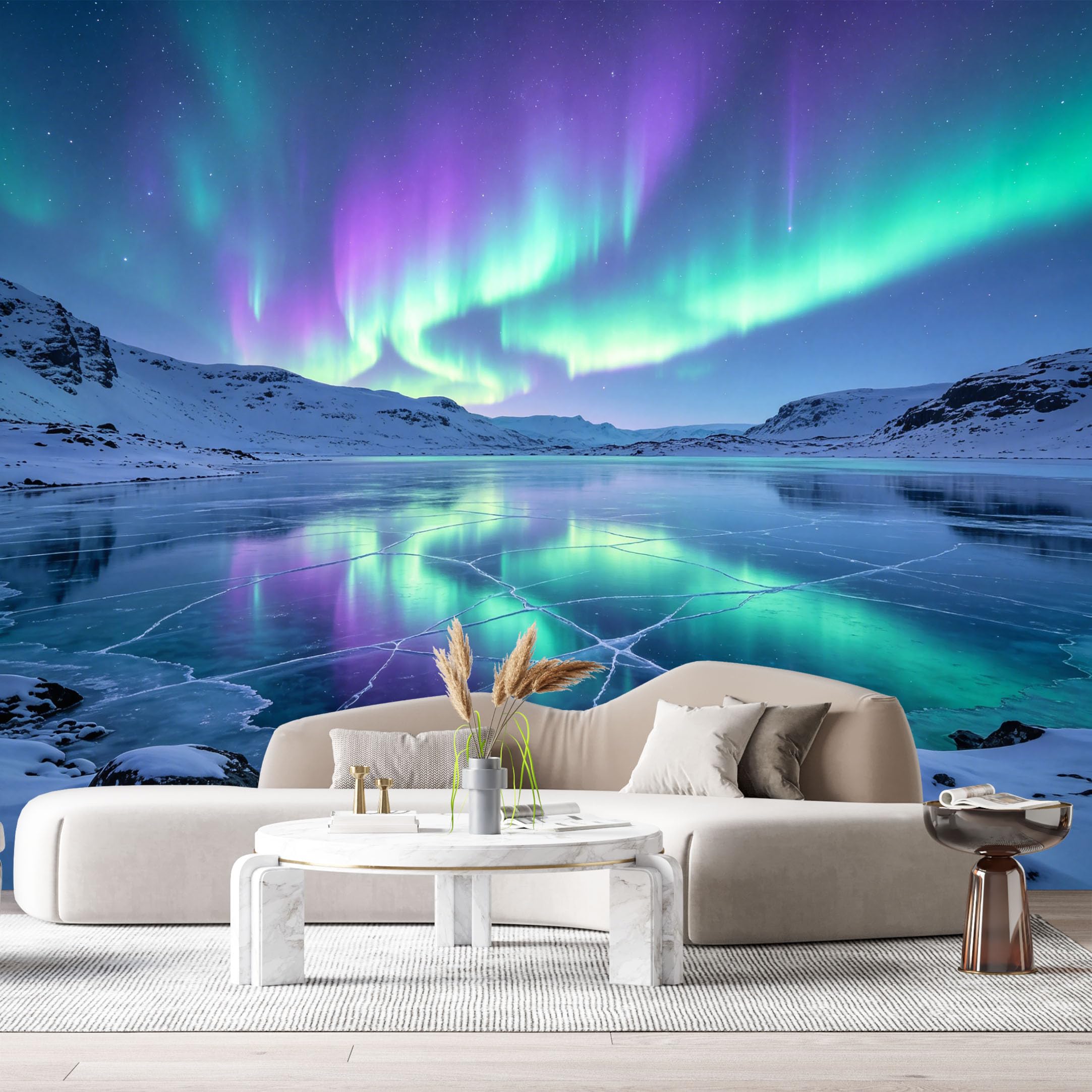 Custom Size Wall Murals Northern Lights Landscape Aurora Sky Frozen Lake Snow Mountains SelfAdhesive Wall Fabric Removable Large Wallpaper for Photo Living Room