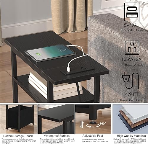 Miniatura 5 de Juego de 2 mesas auxiliares estrechas con estación de carga, mesa auxiliar pequeña para espacios pequeños, juego de 2 mesitas de noche delgadas con