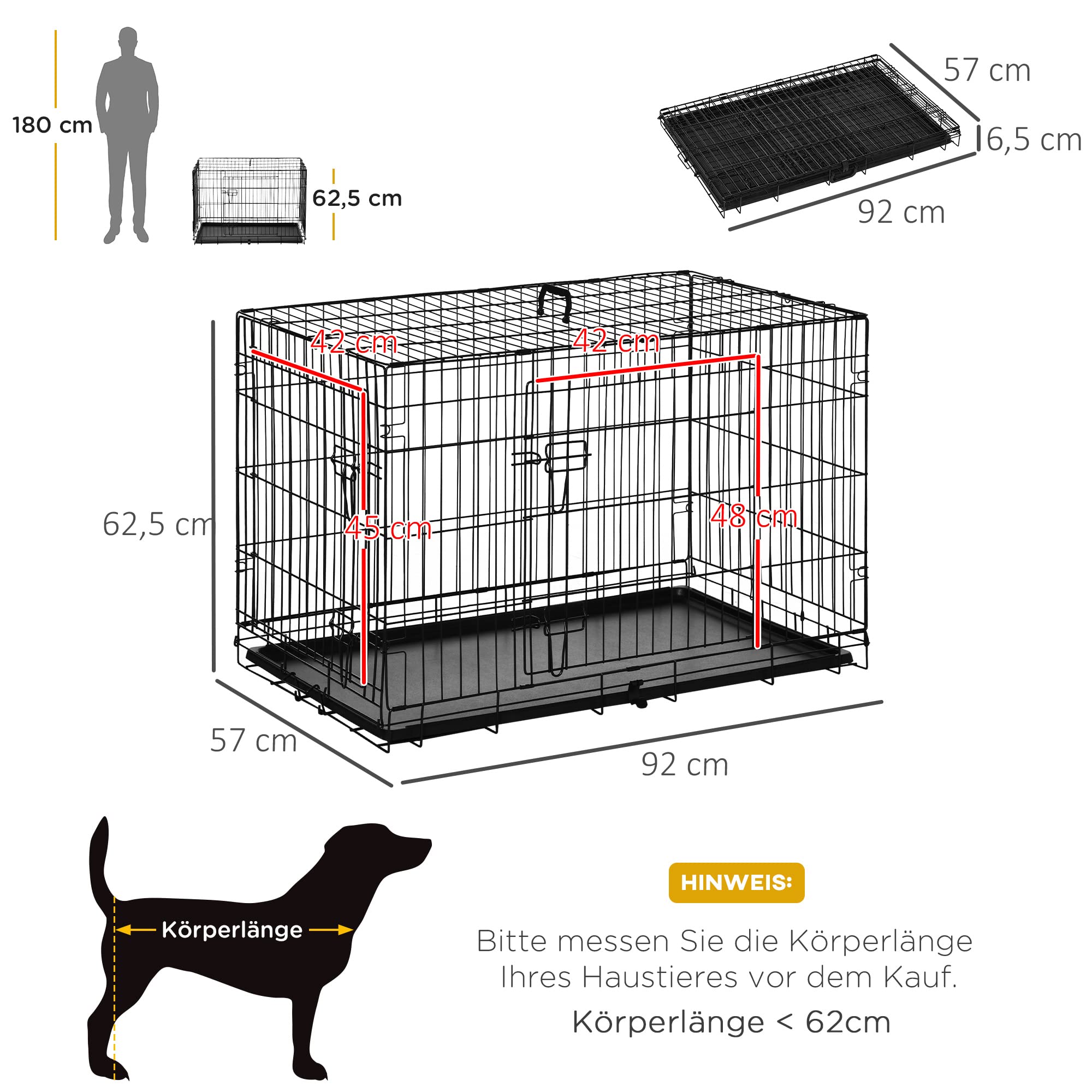 PawHut Hundekäfig Transportkäfig Drahtkäfig Hundebox Transportbox Reisebox mit 2 Türen Schwarz 91x61x67 cm