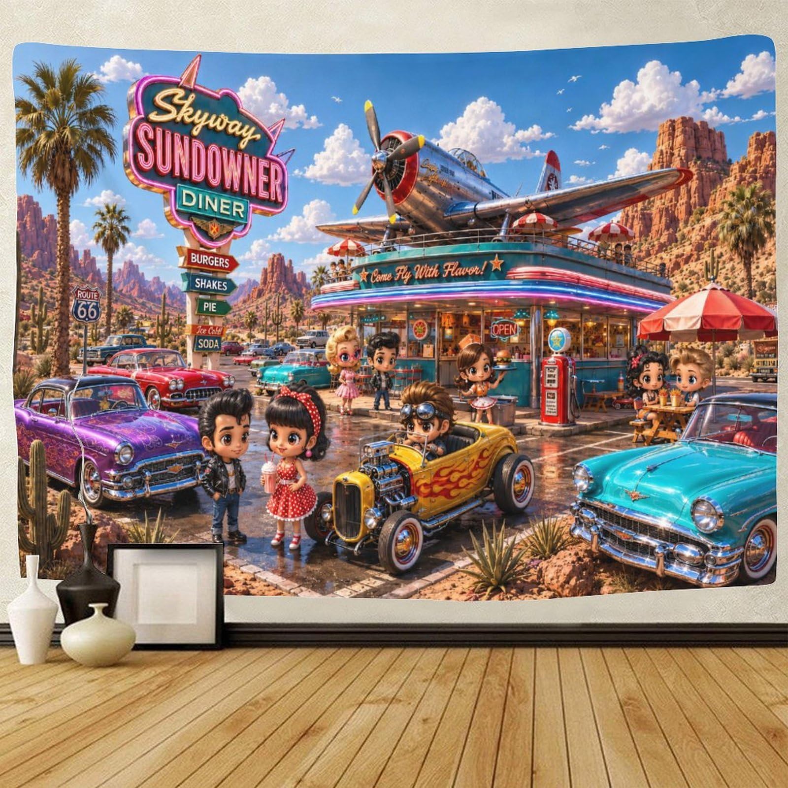 GPMNBCXZK Chibi Route 66 Vintage Aircraft Wall Art Decor 3D Print Wall Tapestry Tapestries Poster Curtain Bedroom College Dorm 70cmx100cm