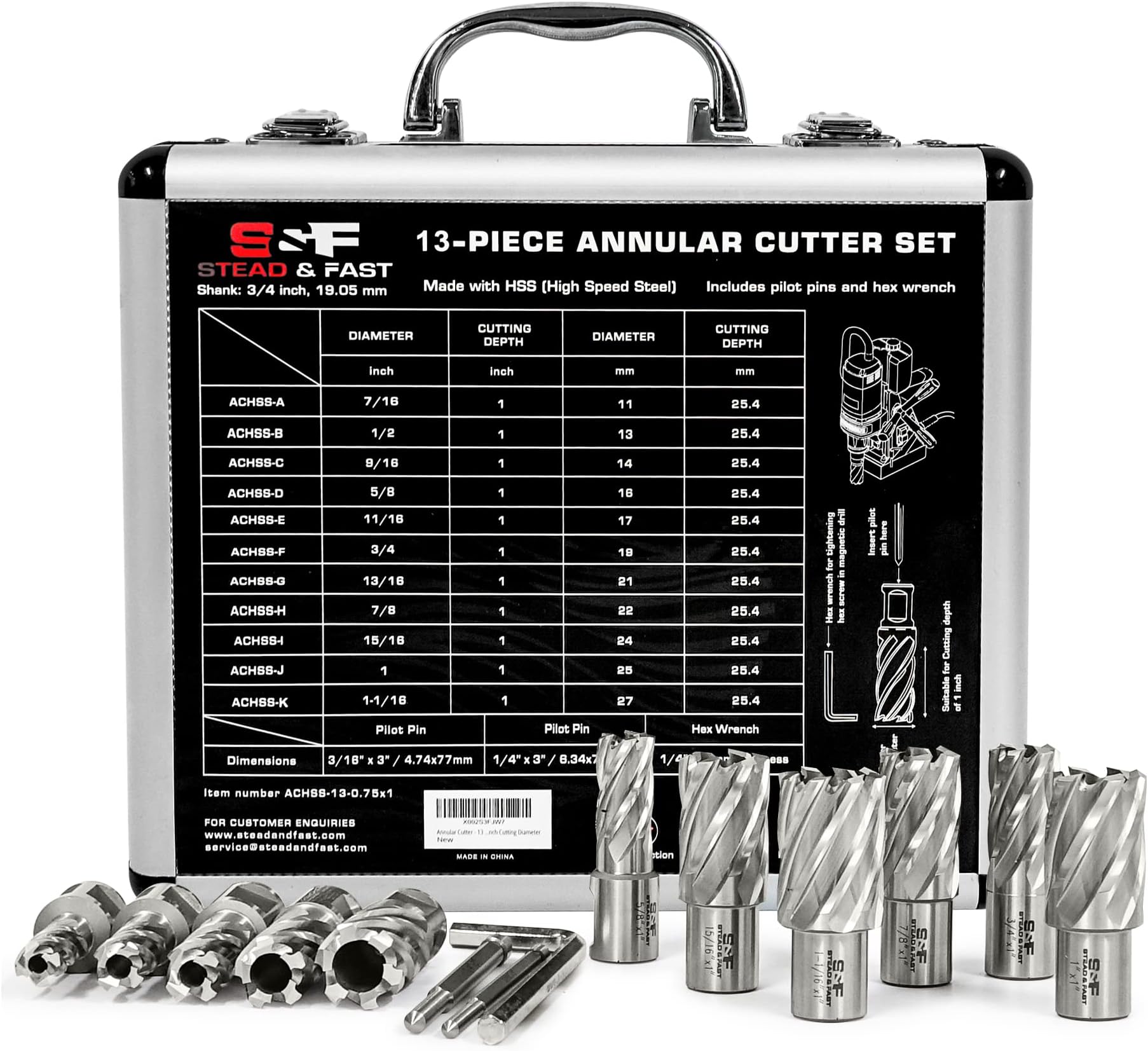 Annular Cutter Set 13 Pcs by S&F STEAD & FAST, Cutting Depth 1" Cutting Diameter 7/16" to 1-1/16" Inch, Mag Drill Bits Kit for Magnetic Drill Press, with 2 Pilot Pins